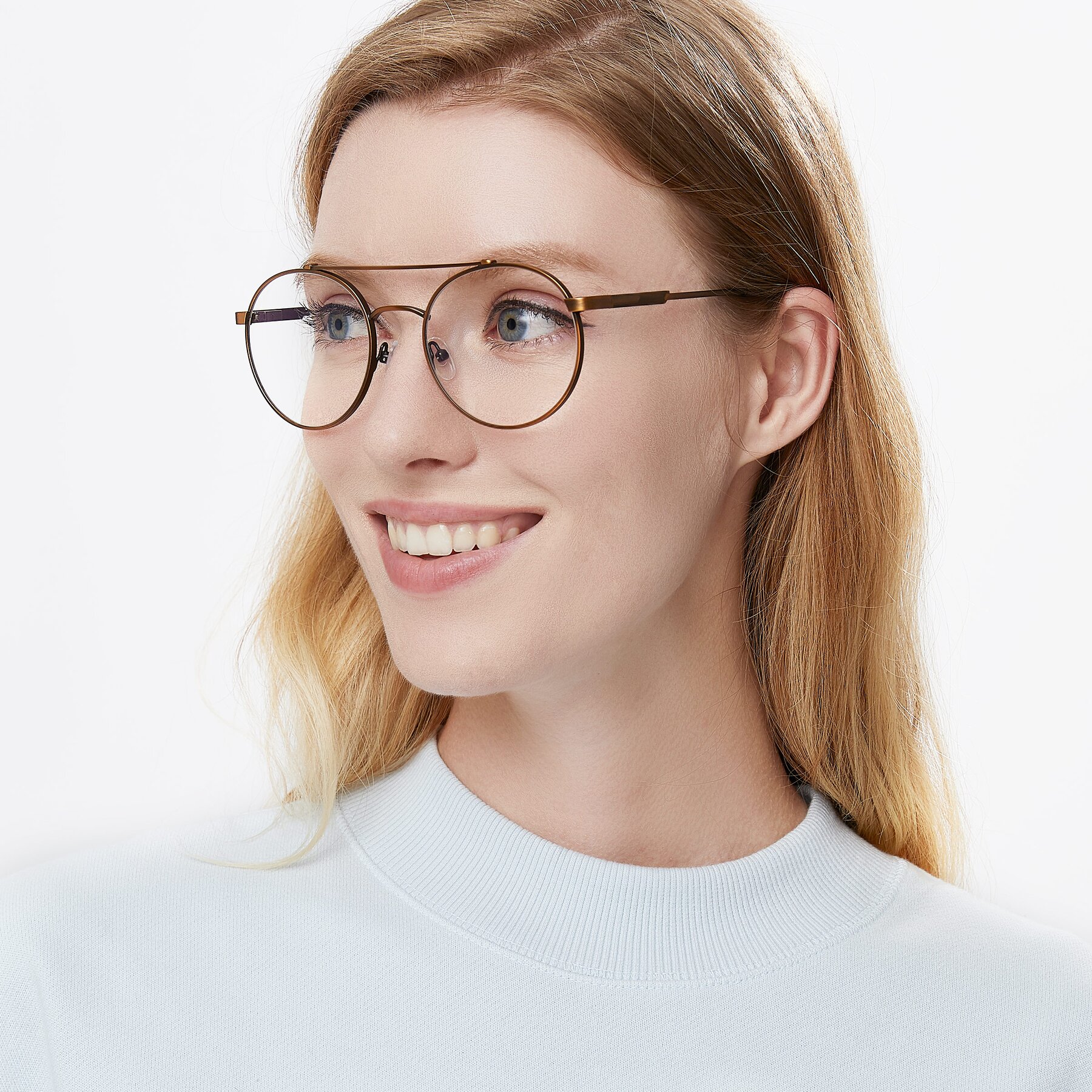 Women's lifestyle photography of 9490 in Antique Bronze with Clear Reading Eyeglass Lenses