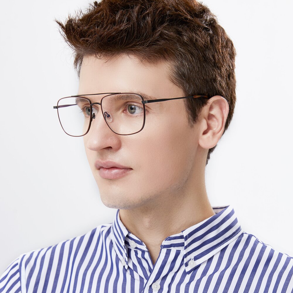 Brown-Black Double Bridge Oversized Square Eyeglasses - 9519