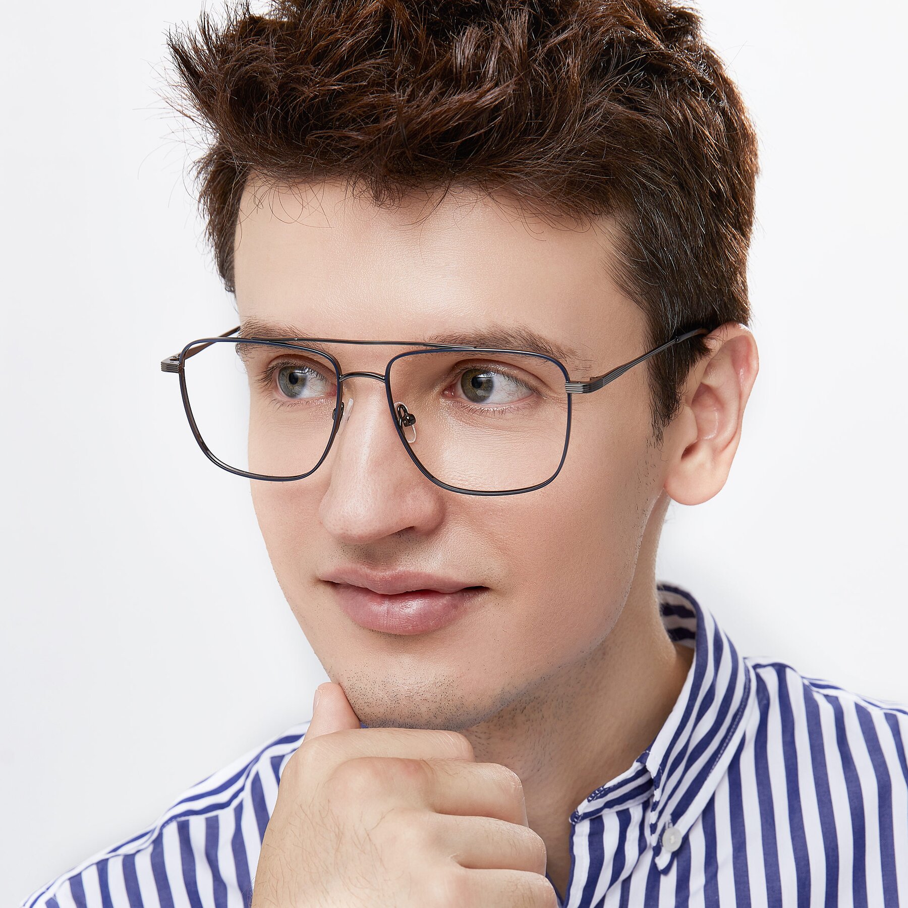 Men's lifestyle photography of 9519 in Ink Blue-Gunmetal with Clear Eyeglass Lenses