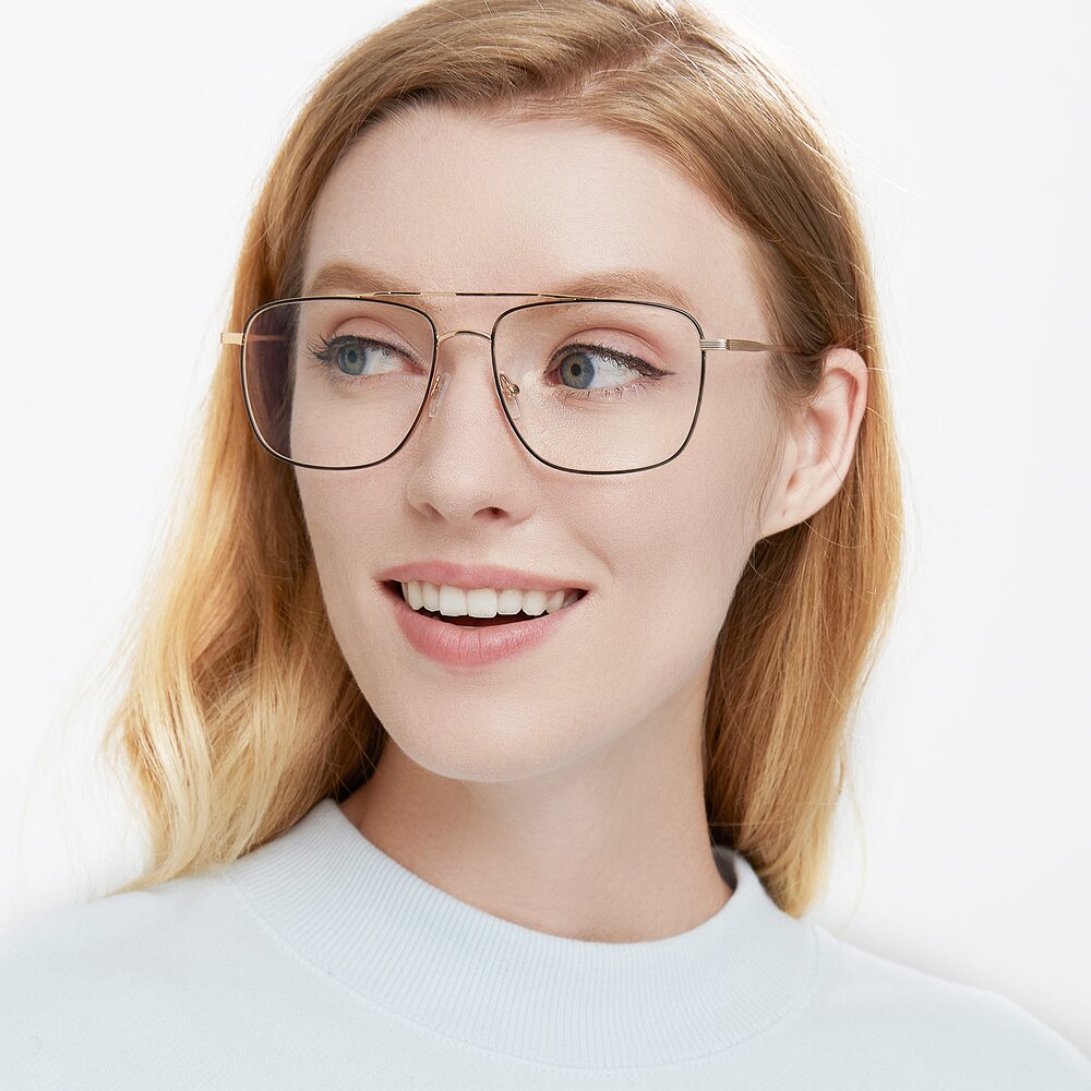 Black-Gold Double Bridge Oversized Square Eyeglasses - 9519