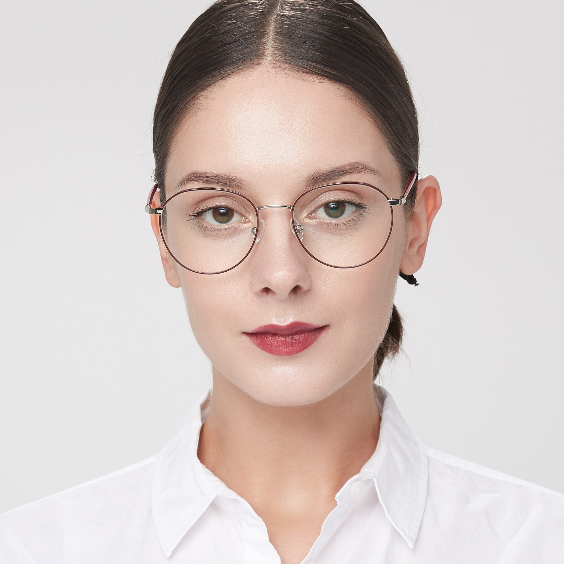Women's lifestyle photography of 9553 in Wine-Silver with Clear Eyeglass Lenses