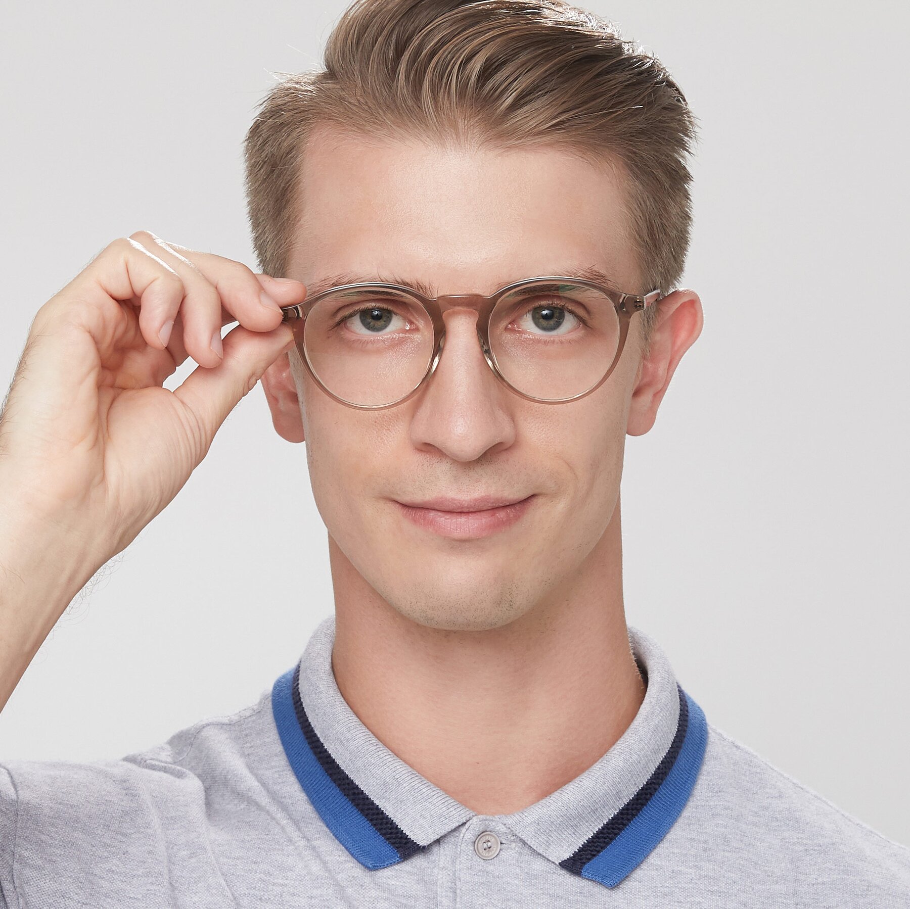Men's lifestyle photography of 17450 in Transparent Brown with Clear Reading Eyeglass Lenses