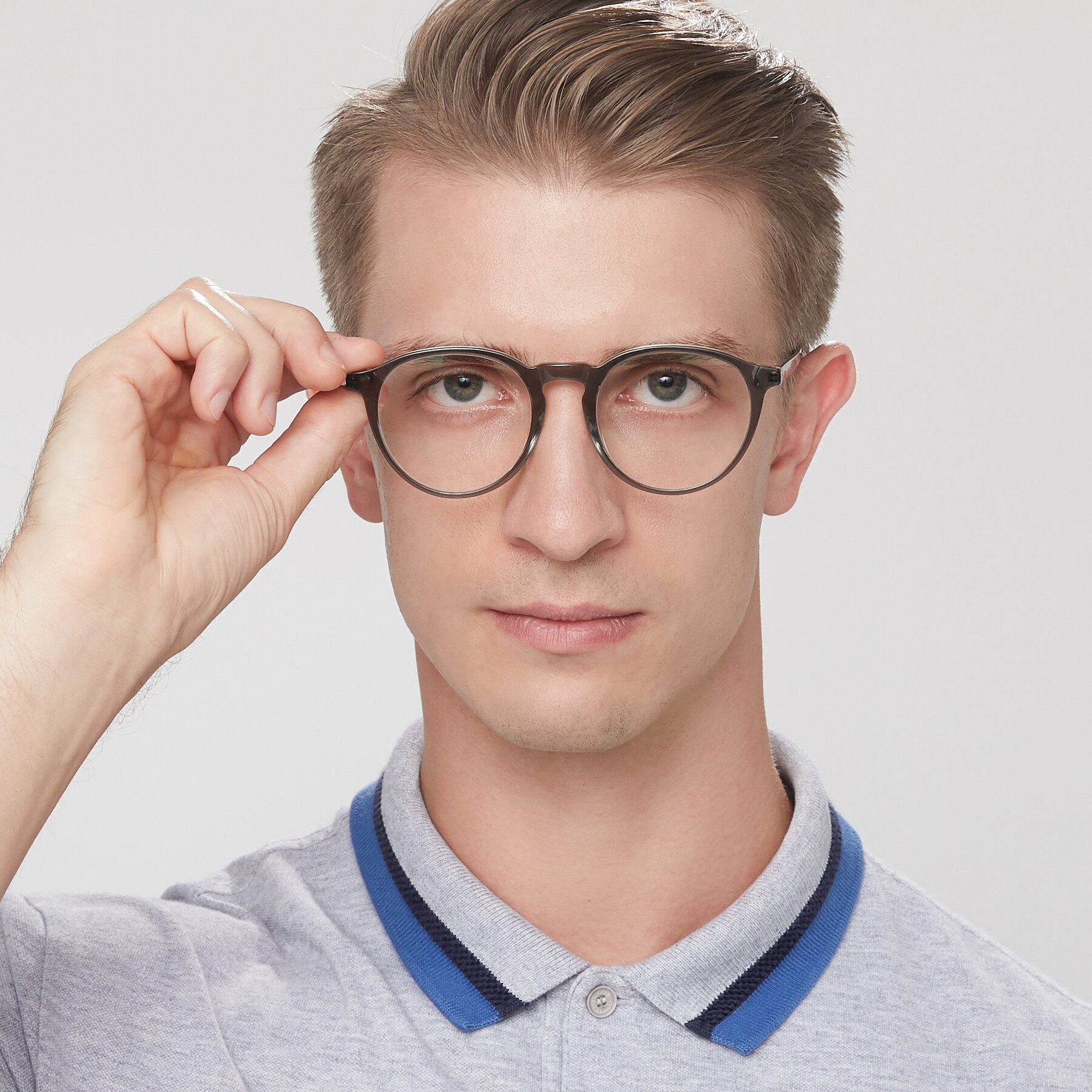 Men's lifestyle photography of 17450 in Greenish Grey with Clear Reading Eyeglass Lenses