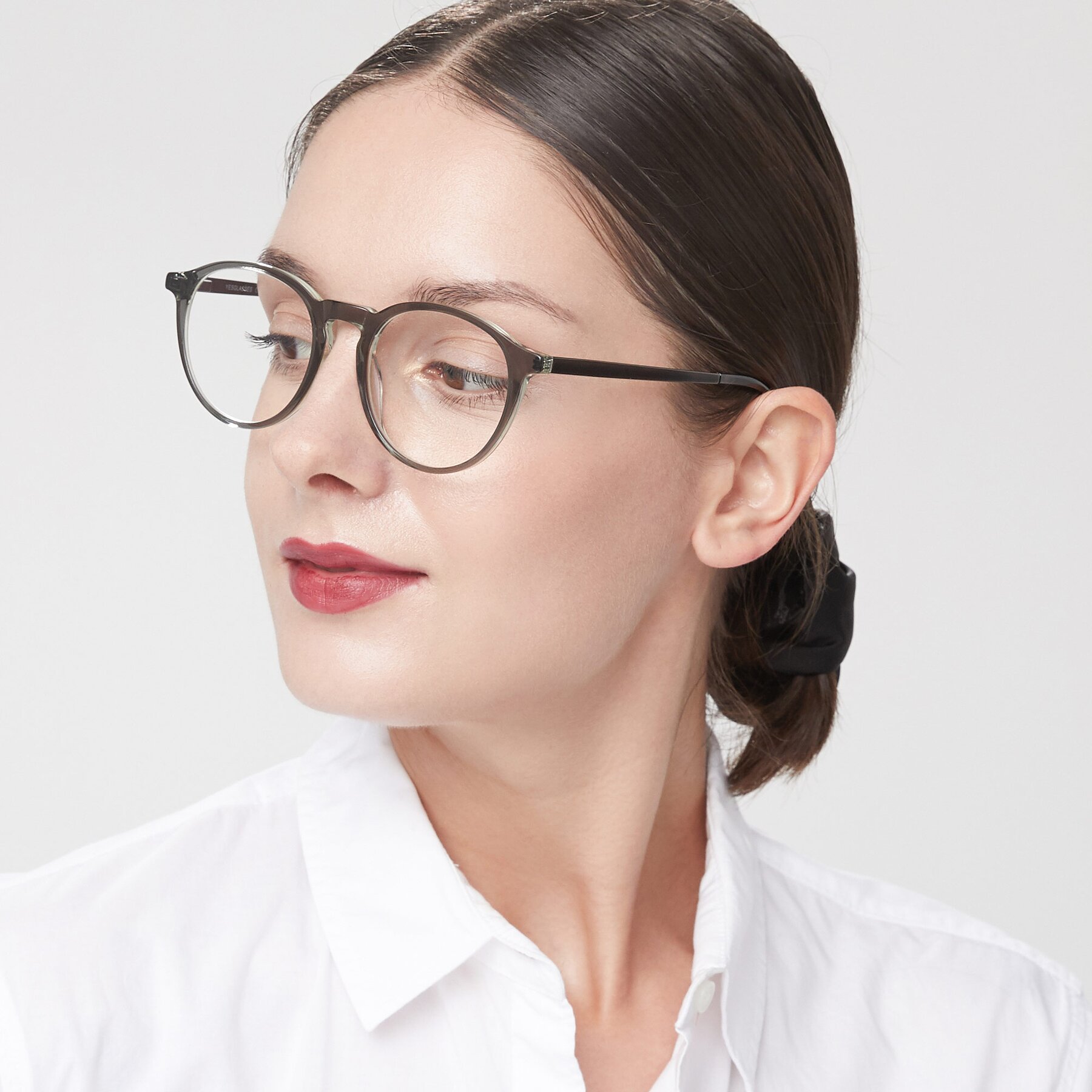 Women's lifestyle photography of 17450 in Greenish Grey with Clear Reading Eyeglass Lenses