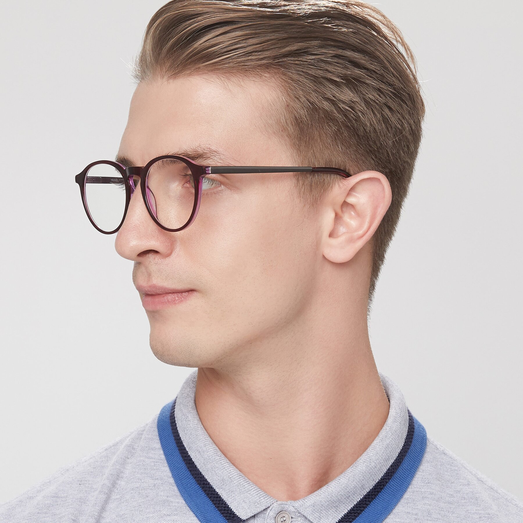 Men's lifestyle photography of 17450 in Purple with Clear Eyeglass Lenses