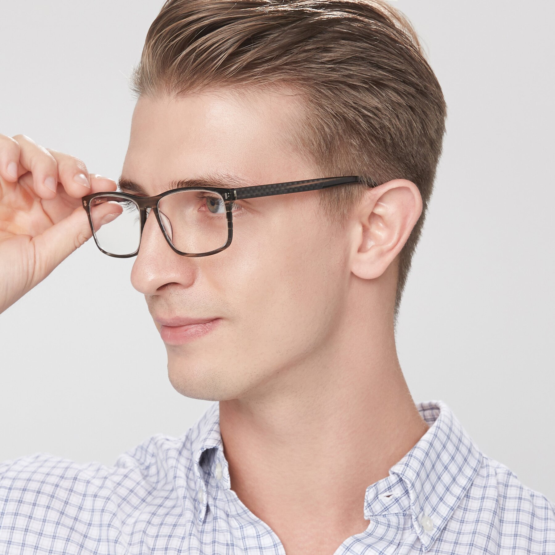 Men's lifestyle photography of 17474 in Stripe Grey with Clear Reading Eyeglass Lenses