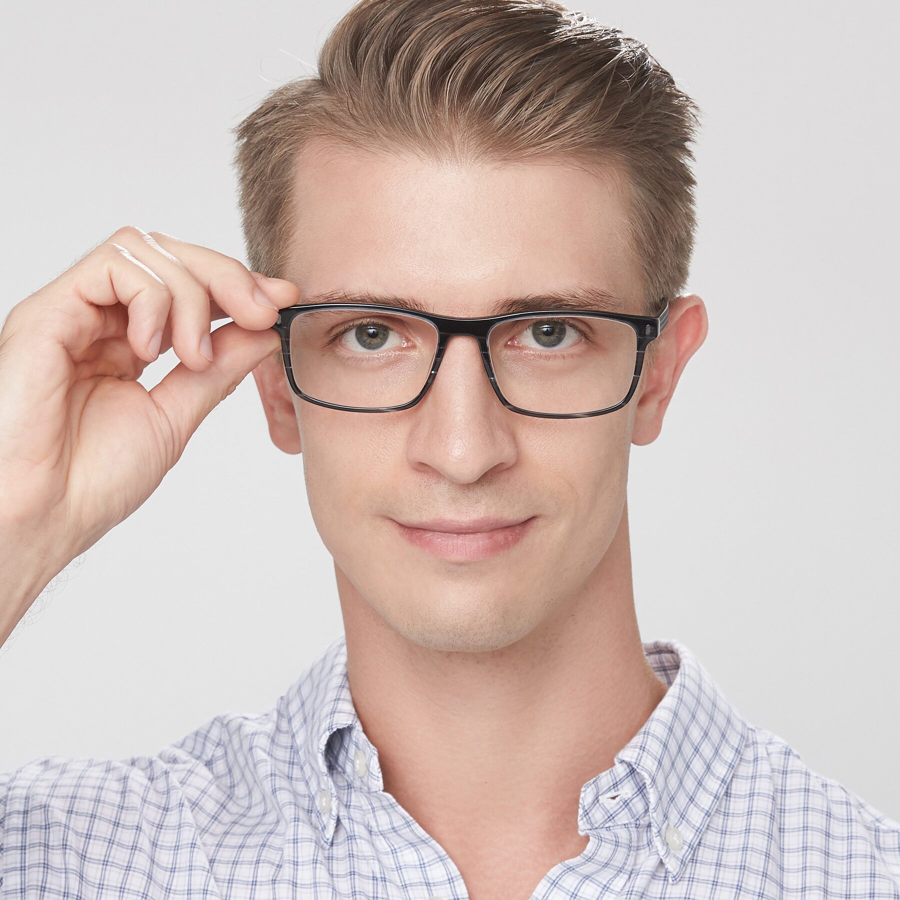 Men's lifestyle photography of 17474 in Stripe Blue with Clear Eyeglass Lenses