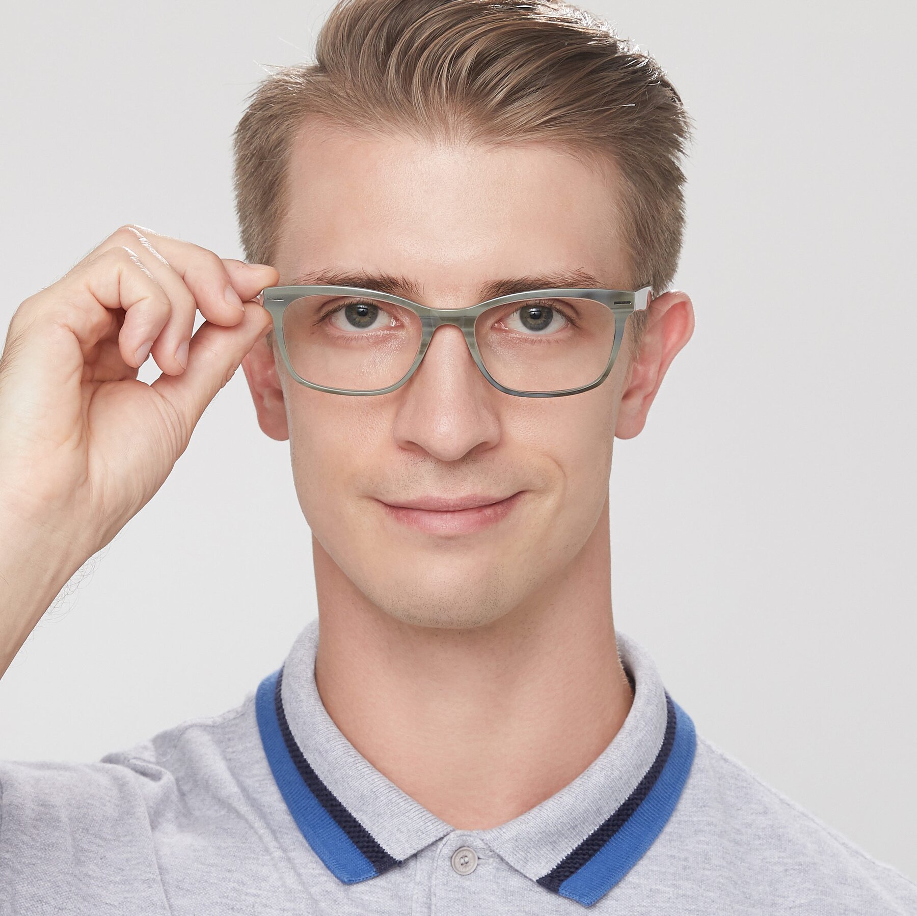 Men's lifestyle photography of 17480 in Stripe Grey with Clear Blue Light Blocking Lenses