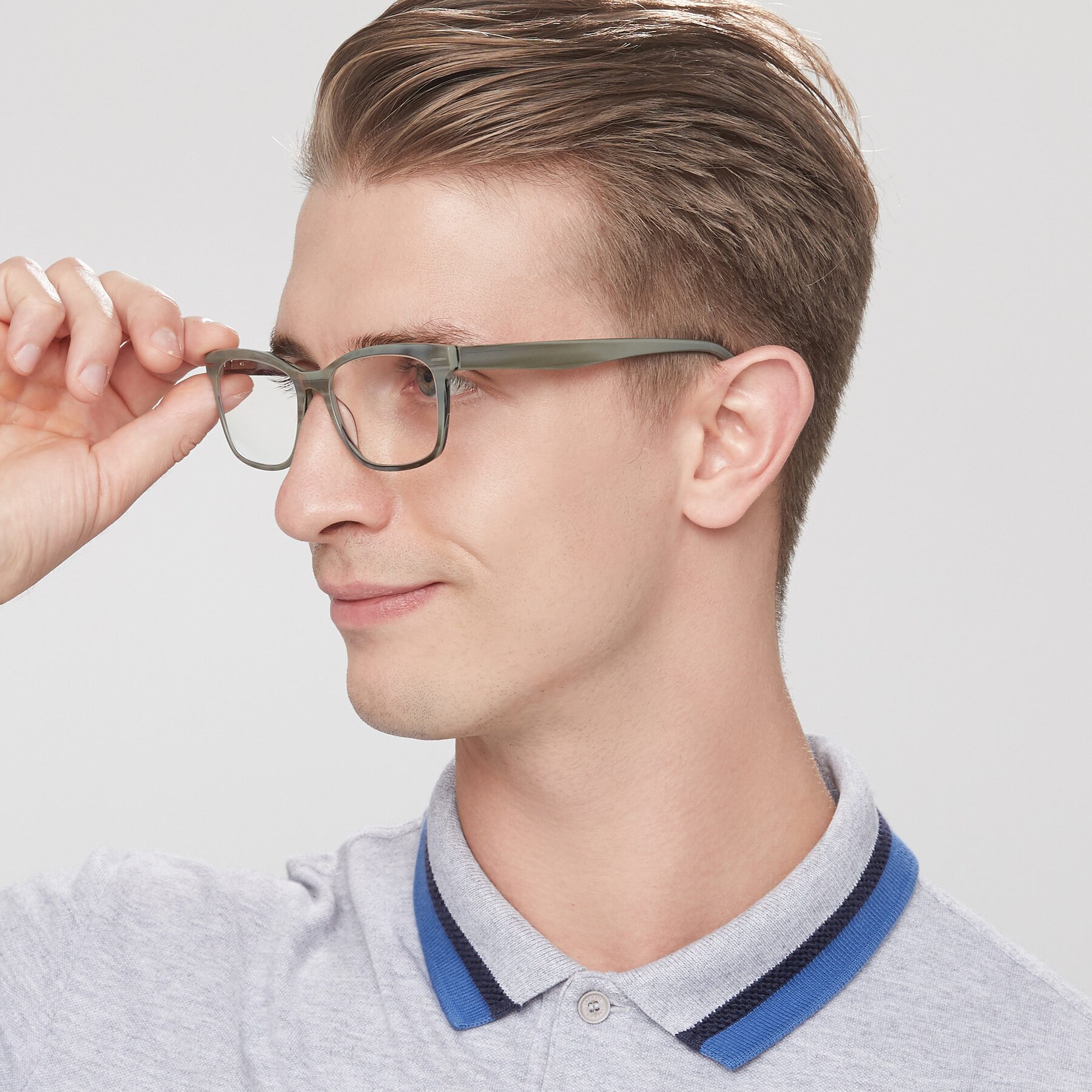 Men's lifestyle photography of 17480 in Stripe Grey with Clear Eyeglass Lenses