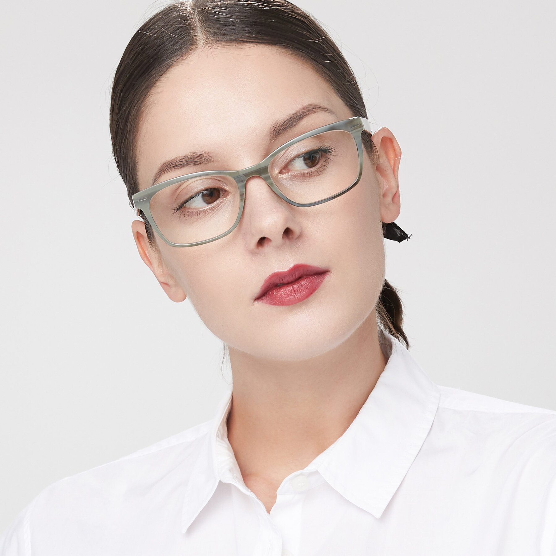 Women's lifestyle photography of 17480 in Stripe Grey with Clear Eyeglass Lenses