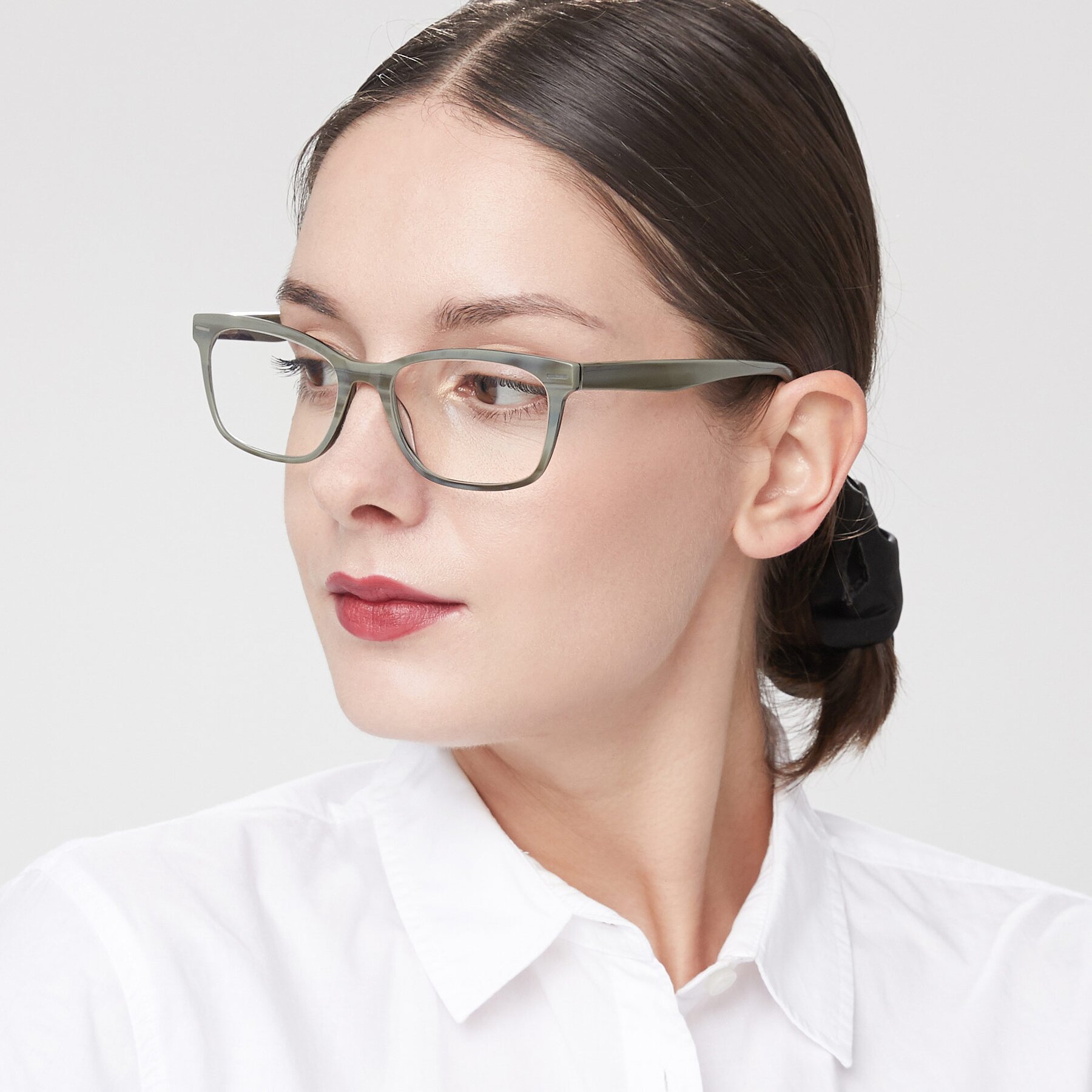 Women's lifestyle photography of 17480 in Stripe Grey with Clear Blue Light Blocking Lenses