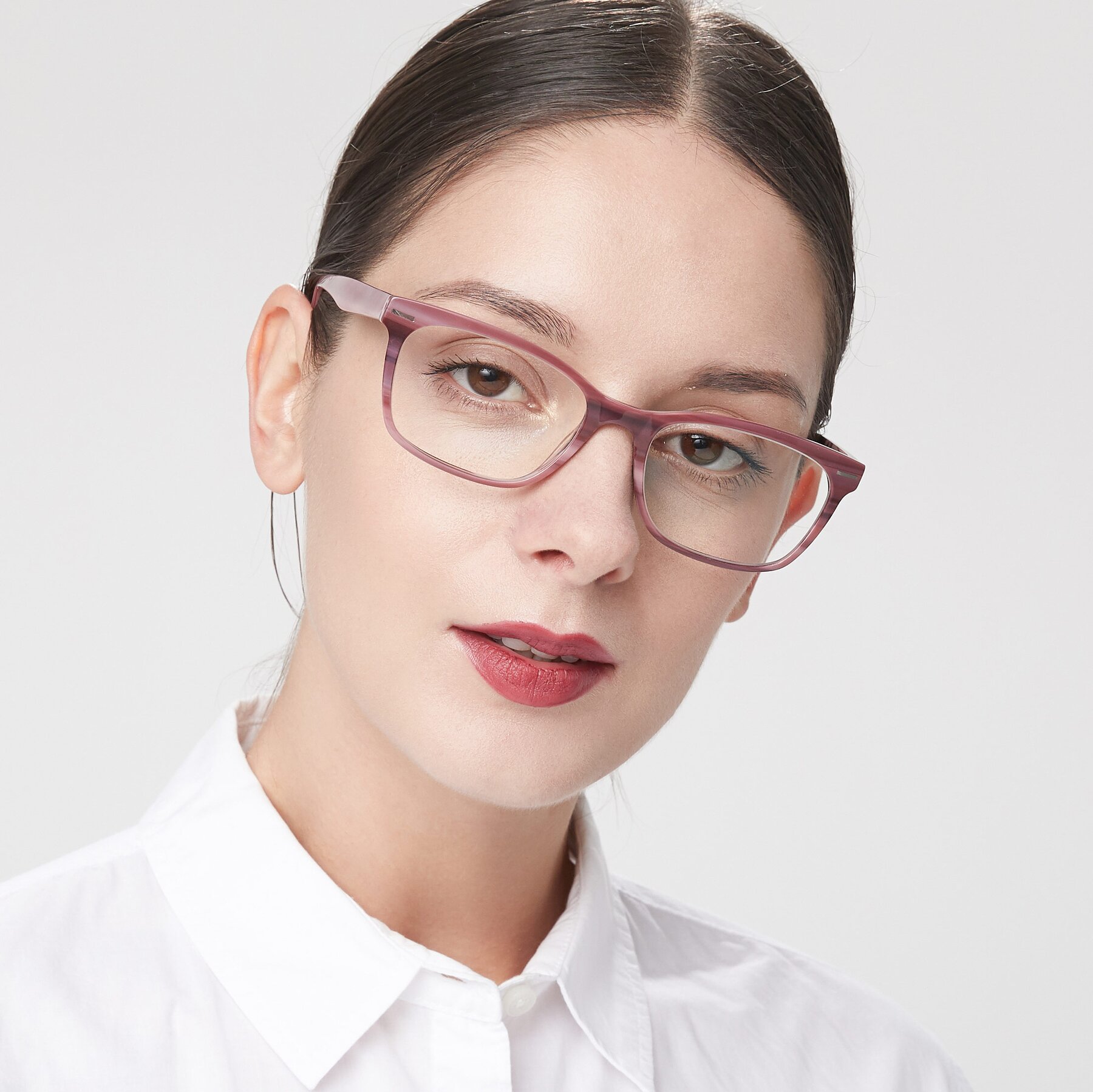Women's lifestyle photography of 17480 in Stripe Pink with Clear Reading Eyeglass Lenses