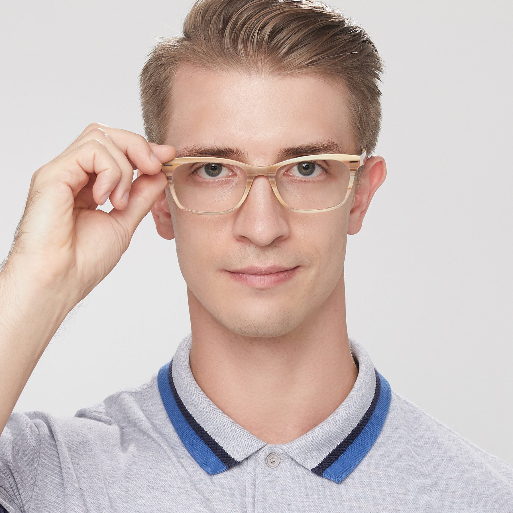 Men's lifestyle photography of 17480 in Stripe Brown with Clear Eyeglass Lenses