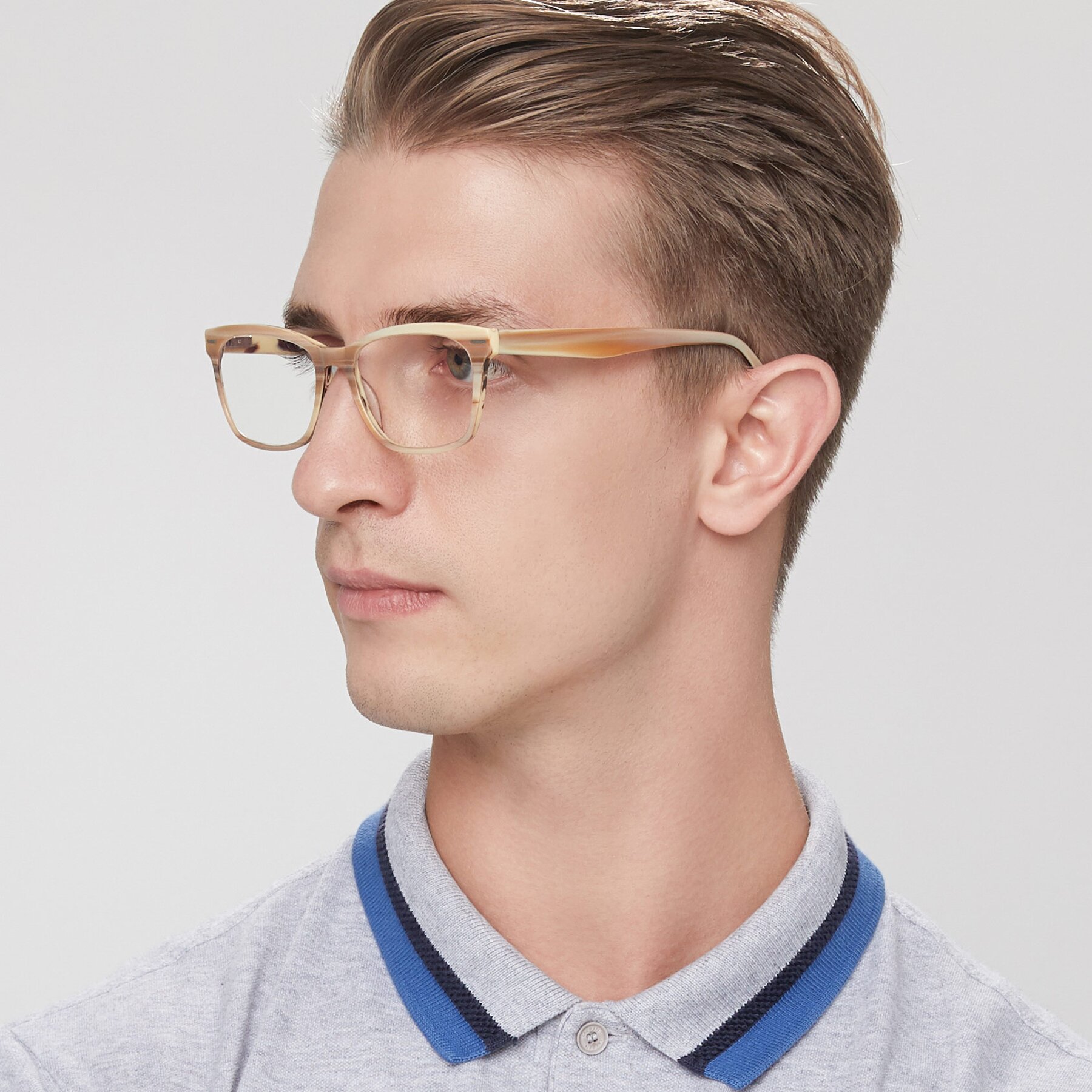 Men's lifestyle photography of 17480 in Stripe Brown with Clear Reading Eyeglass Lenses