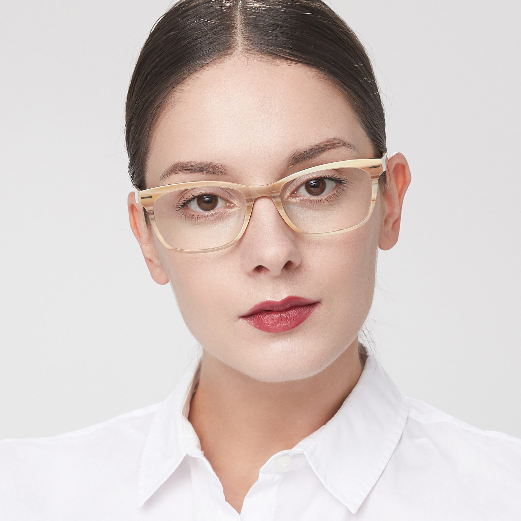 Women's lifestyle photography of 17480 in Stripe Brown with Clear Reading Eyeglass Lenses