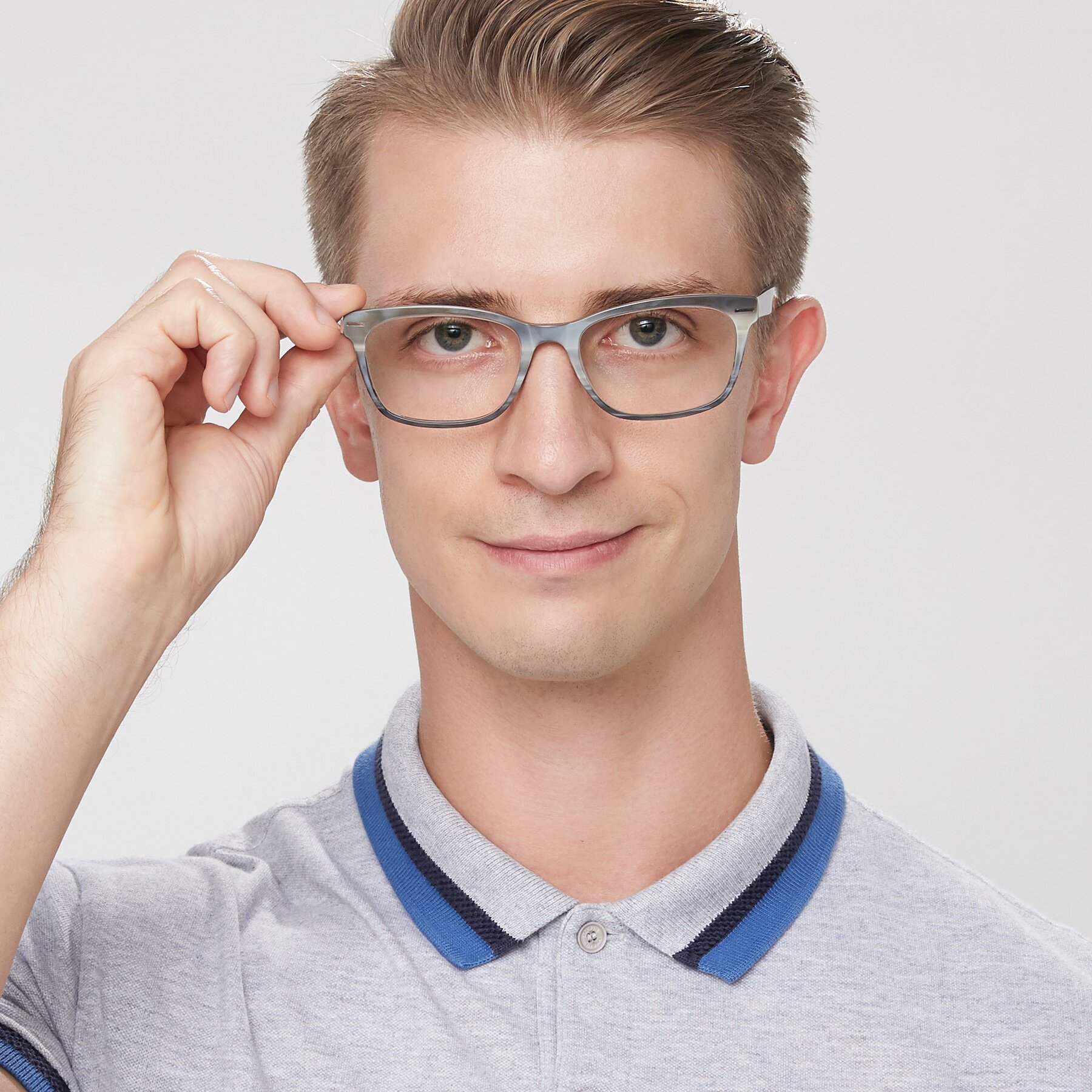 Men's lifestyle photography of 17480 in Stripe Coffee with Clear Reading Eyeglass Lenses