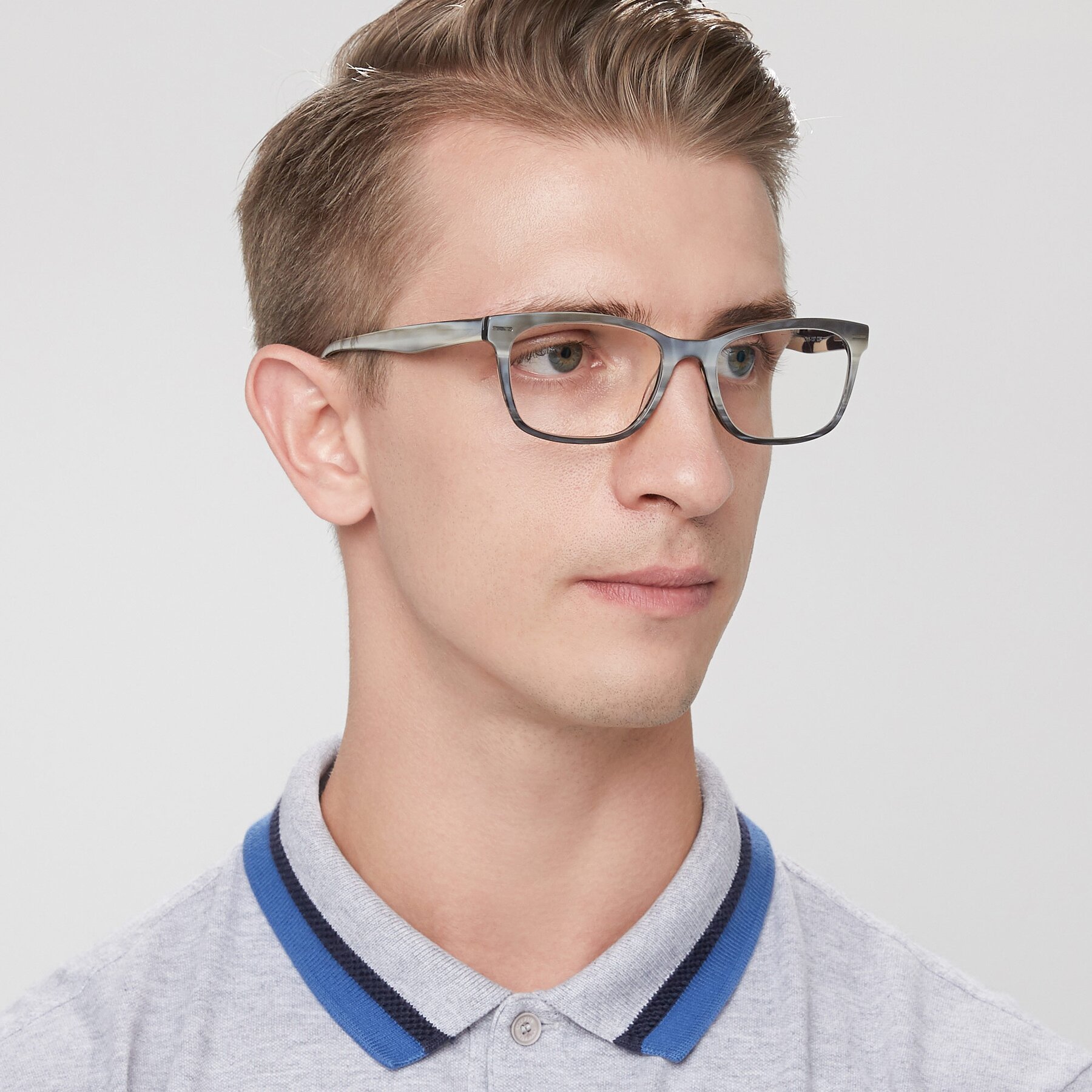 Men's lifestyle photography of 17480 in Stripe Coffee with Clear Eyeglass Lenses