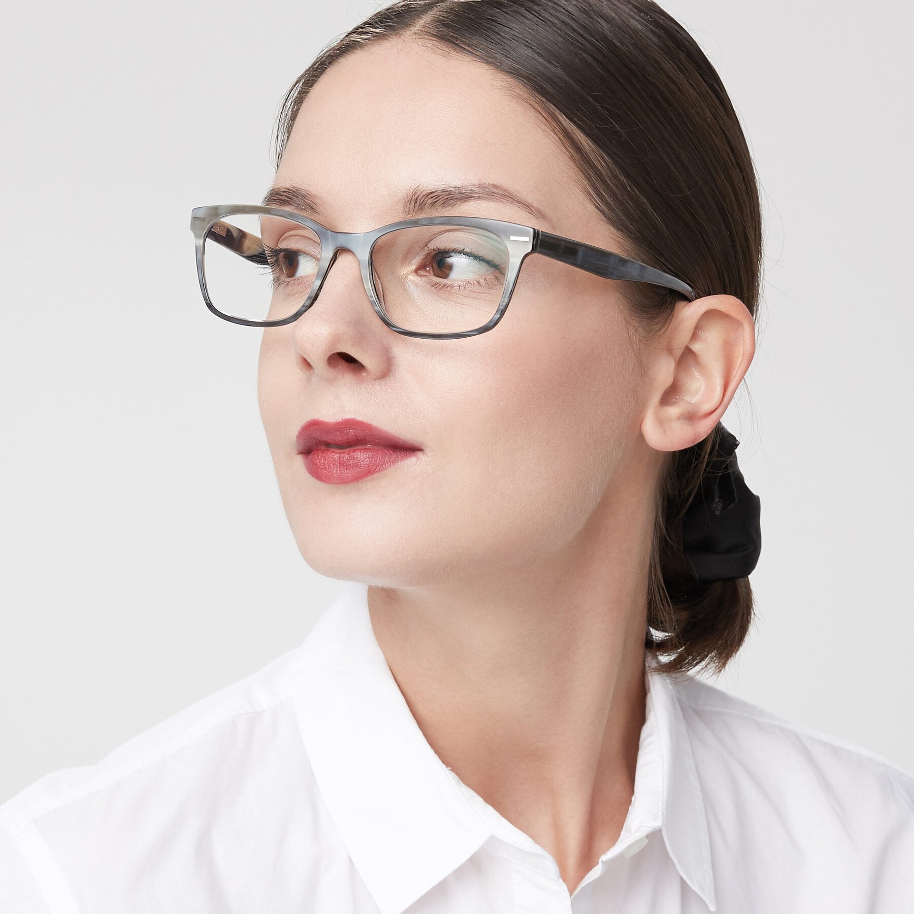 Women's lifestyle photography of 17480 in Stripe Coffee with Clear Eyeglass Lenses