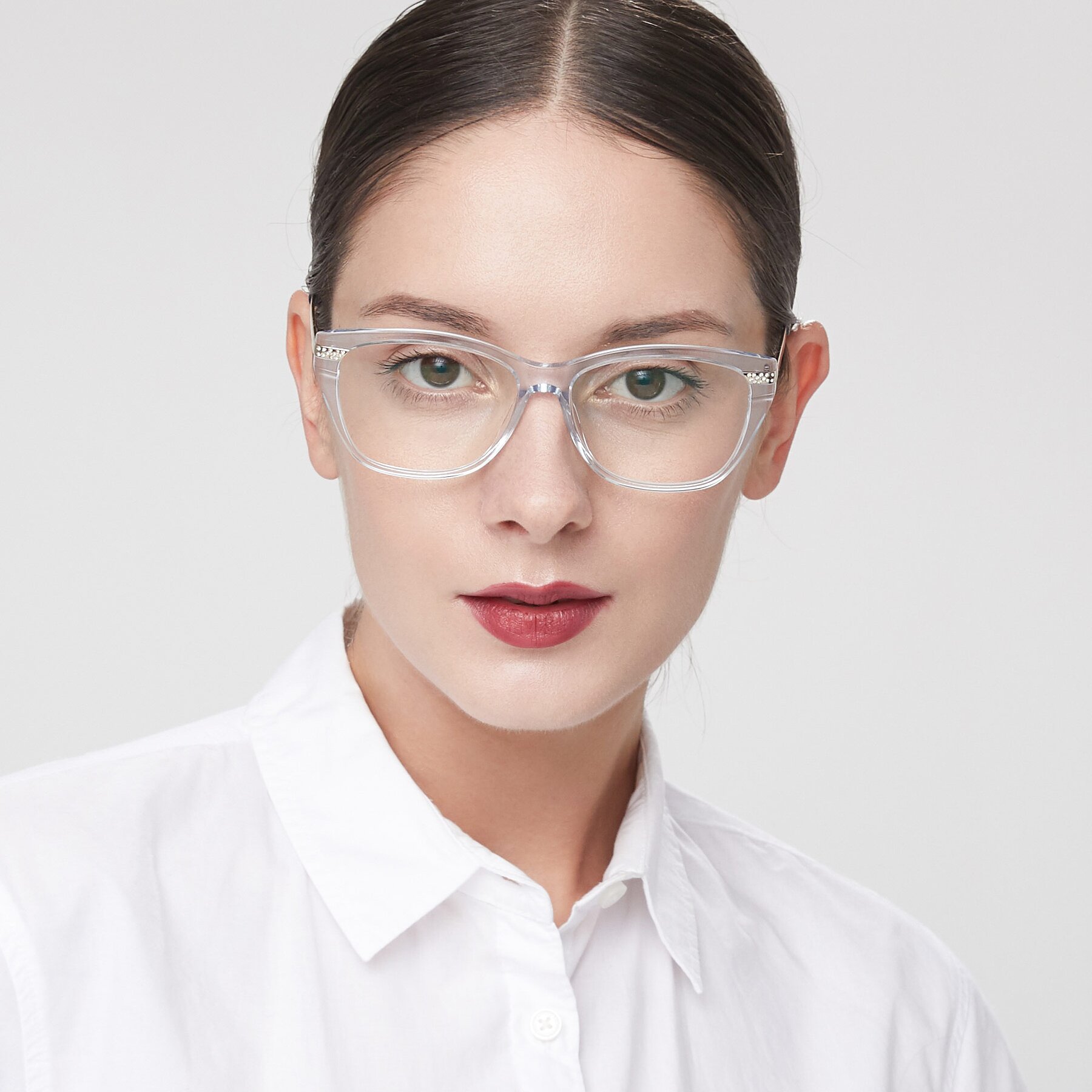 Women's lifestyle photography of 17515 in Transparent Blue with Clear Eyeglass Lenses