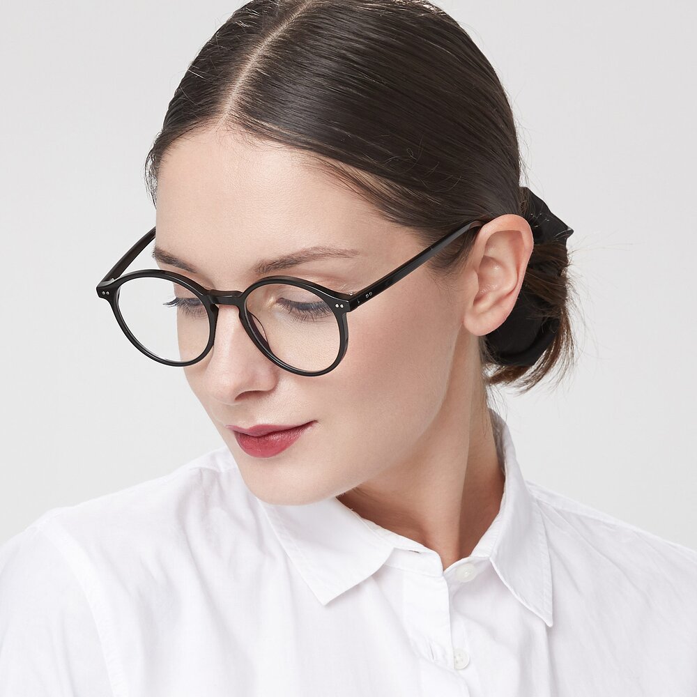 Black Keyhole Bridge Trapezoid Round Eyeglasses 17571