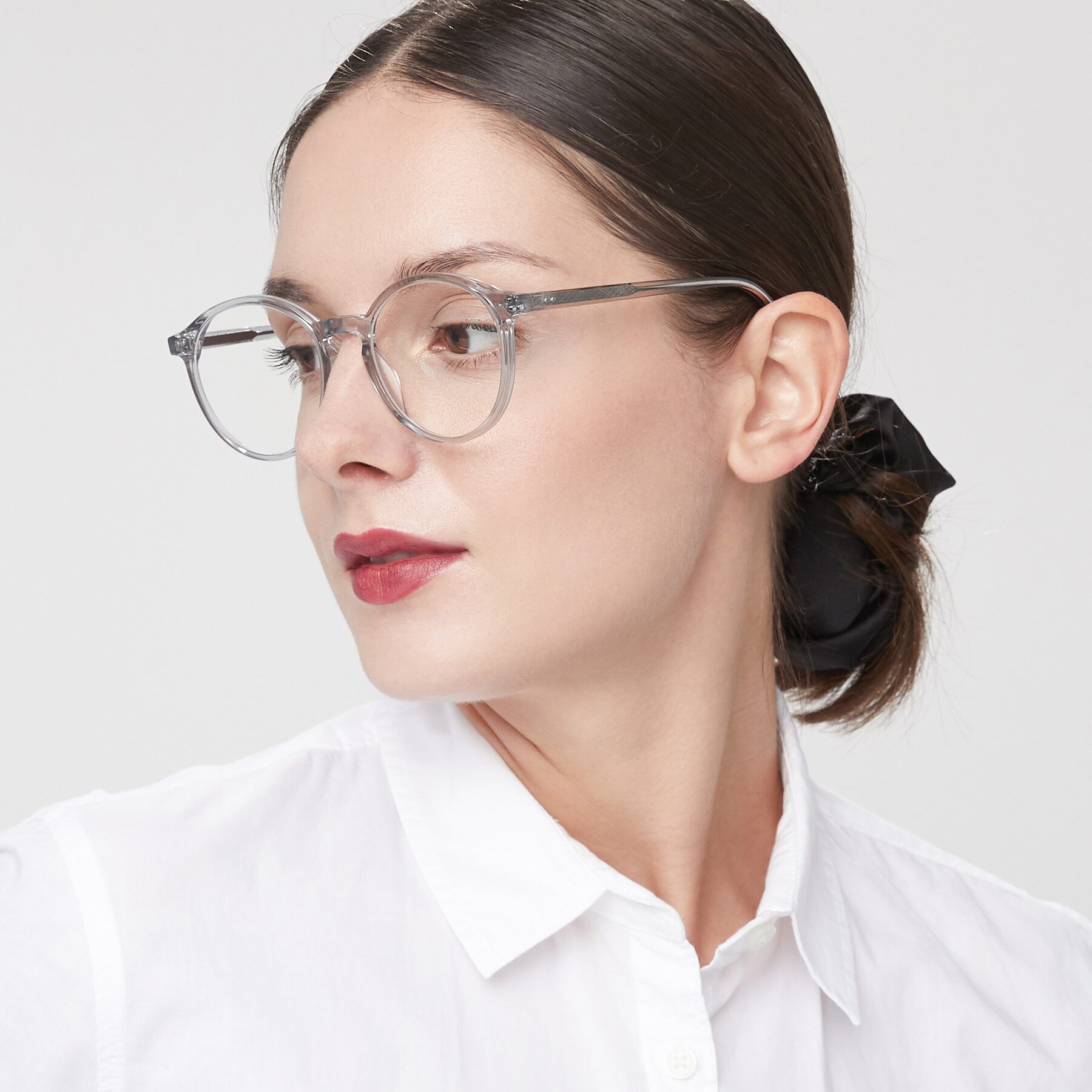 Women's lifestyle photography of 17571 in Transparent Grey with Clear Reading Eyeglass Lenses