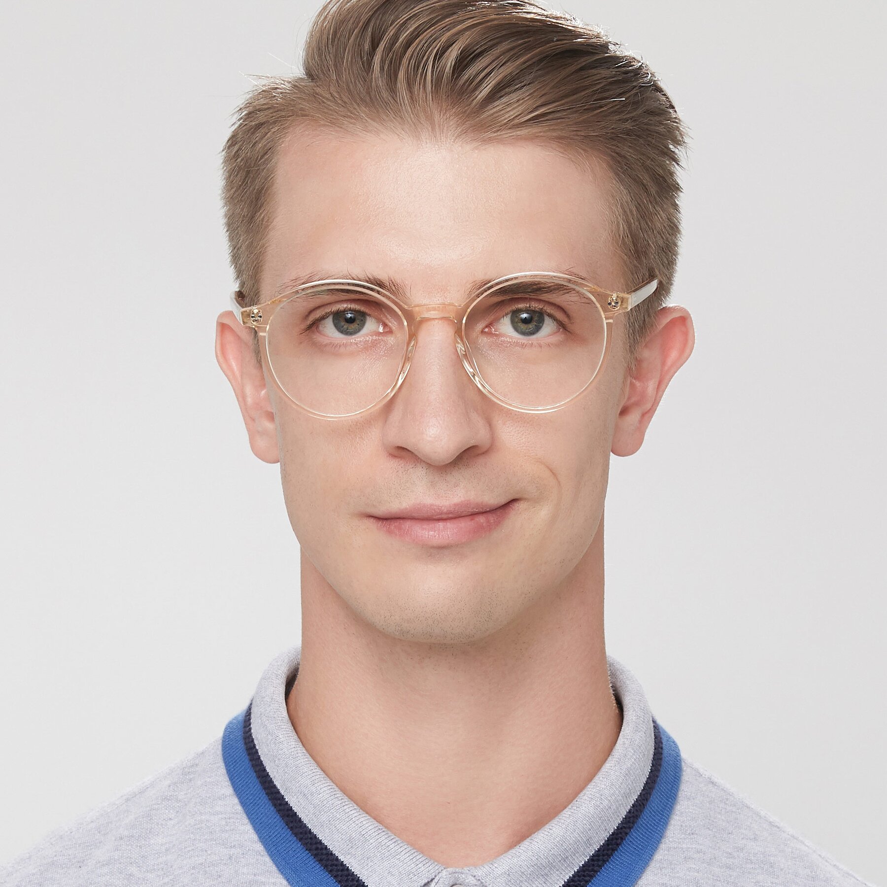 Men's lifestyle photography of 17571 in Transparent Caramel with Clear Reading Eyeglass Lenses