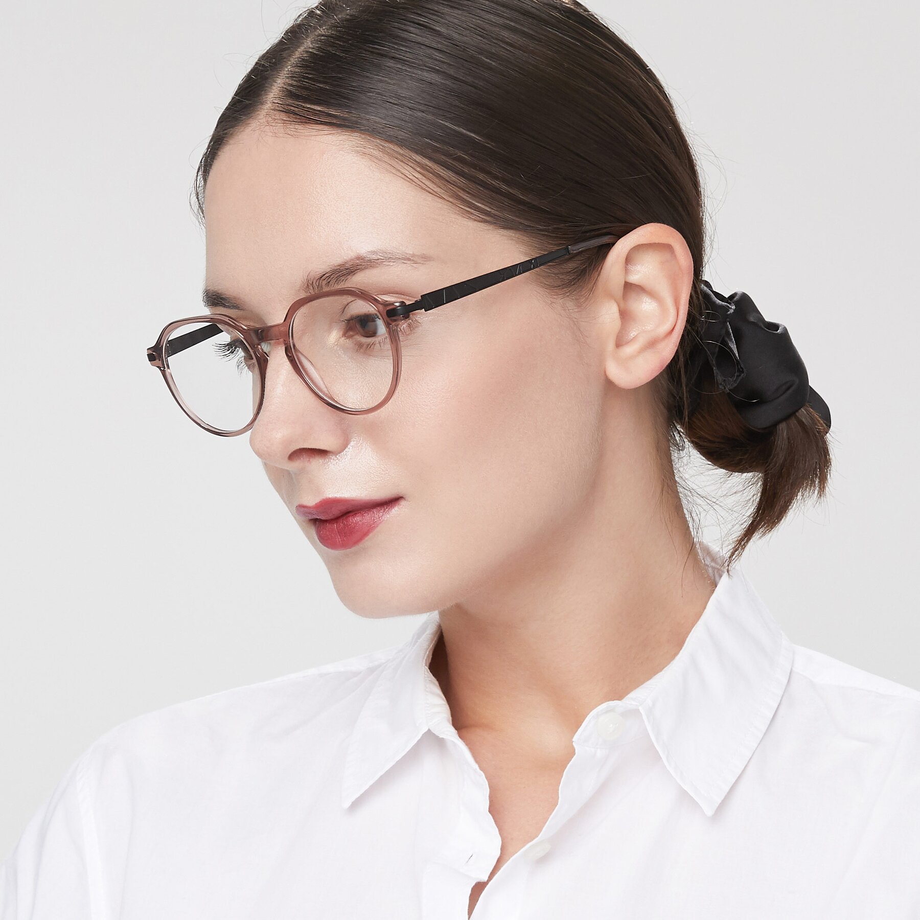 Women's lifestyle photography of 17643 in Clear Caramel with Clear Reading Eyeglass Lenses