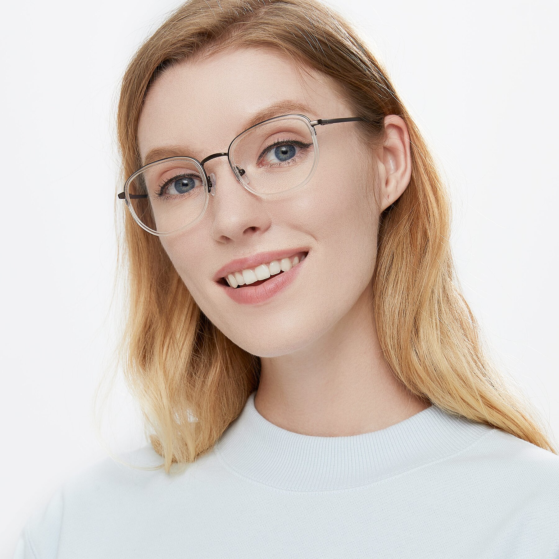 Women's lifestyle photography of 17702 in Bronze-Clear with Clear Eyeglass Lenses