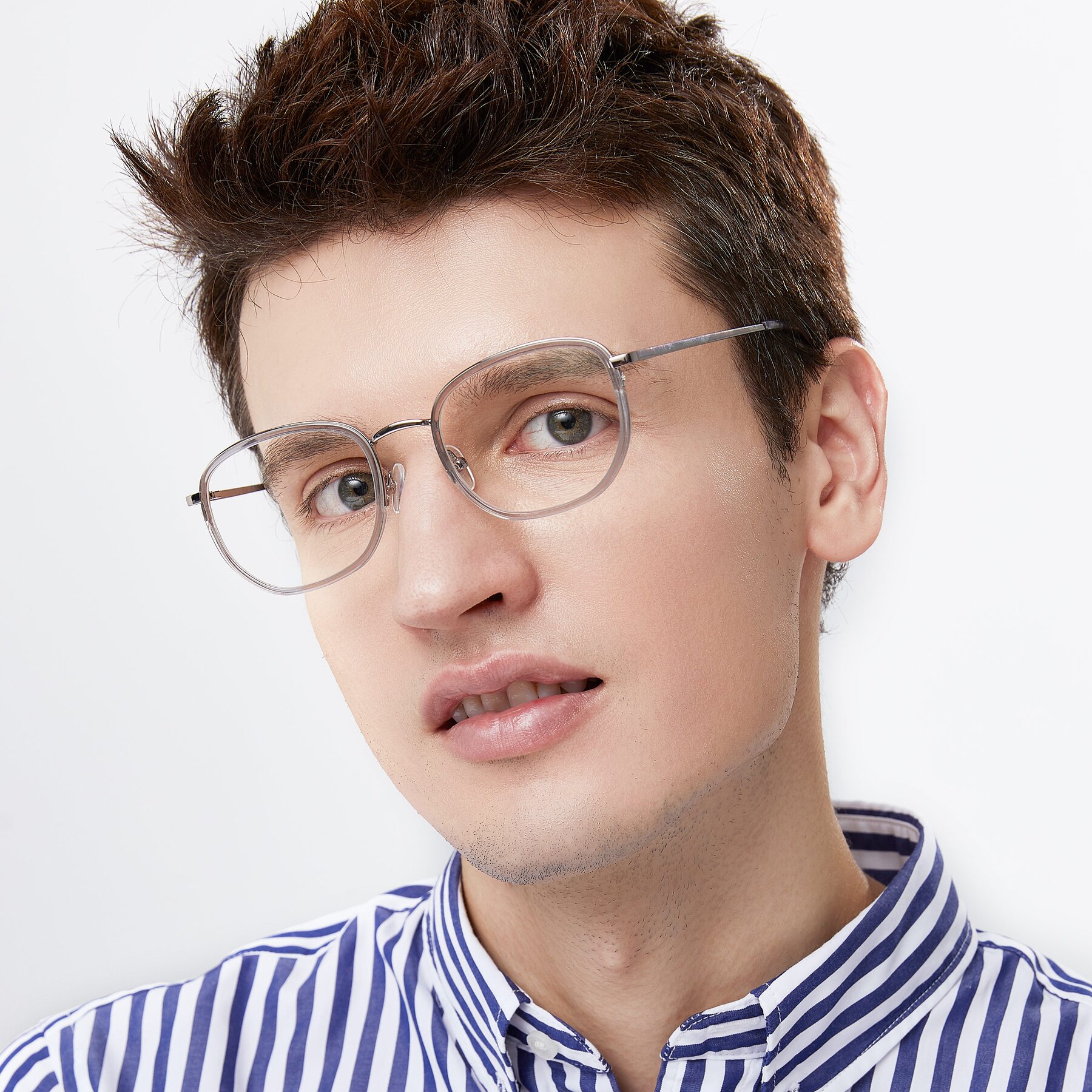 Men's lifestyle photography of 17702 in Silver-Transparent with Clear Eyeglass Lenses