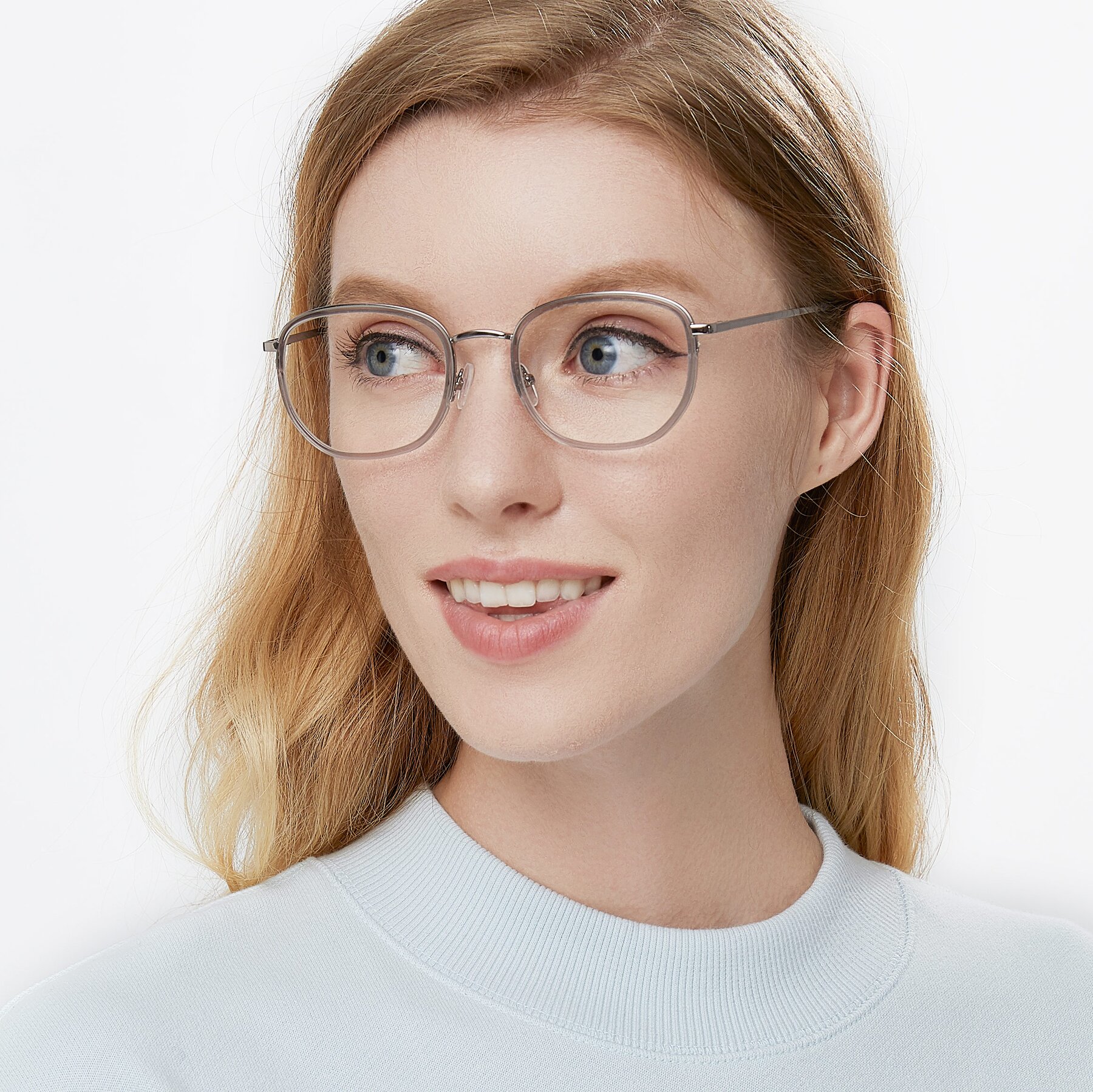 Women's lifestyle photography of 17702 in Silver-Transparent with Clear Eyeglass Lenses