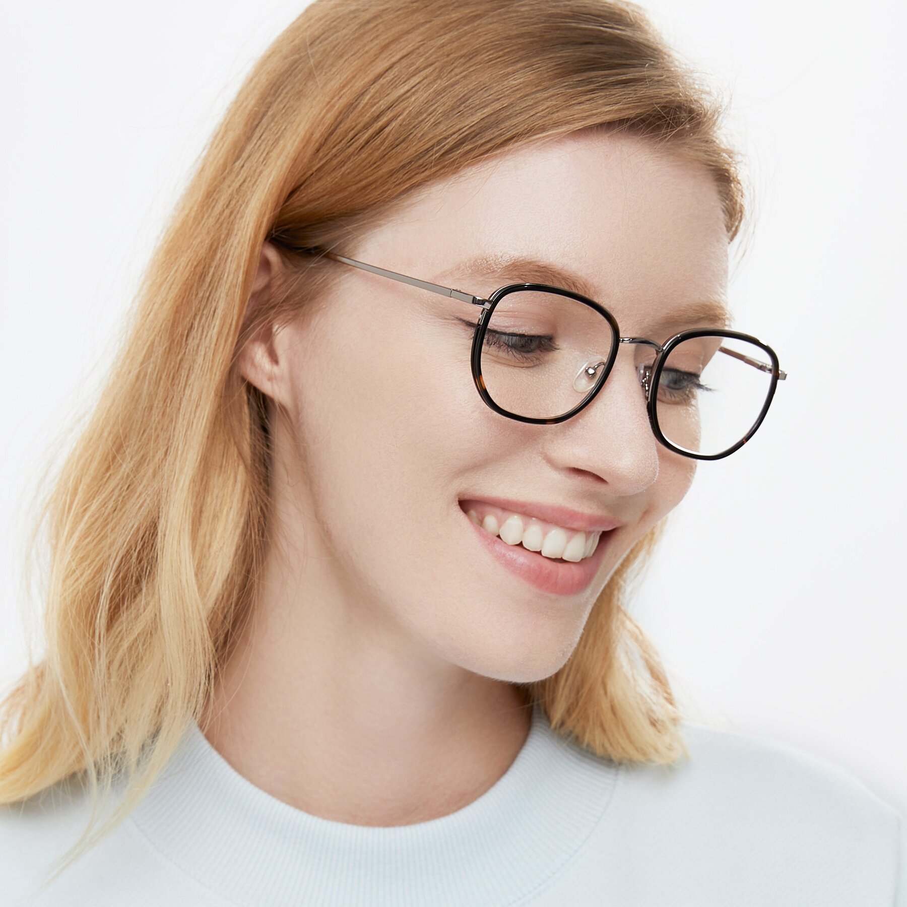 Women's lifestyle photography of 17702 in Silver-Tortoise with Clear Reading Eyeglass Lenses