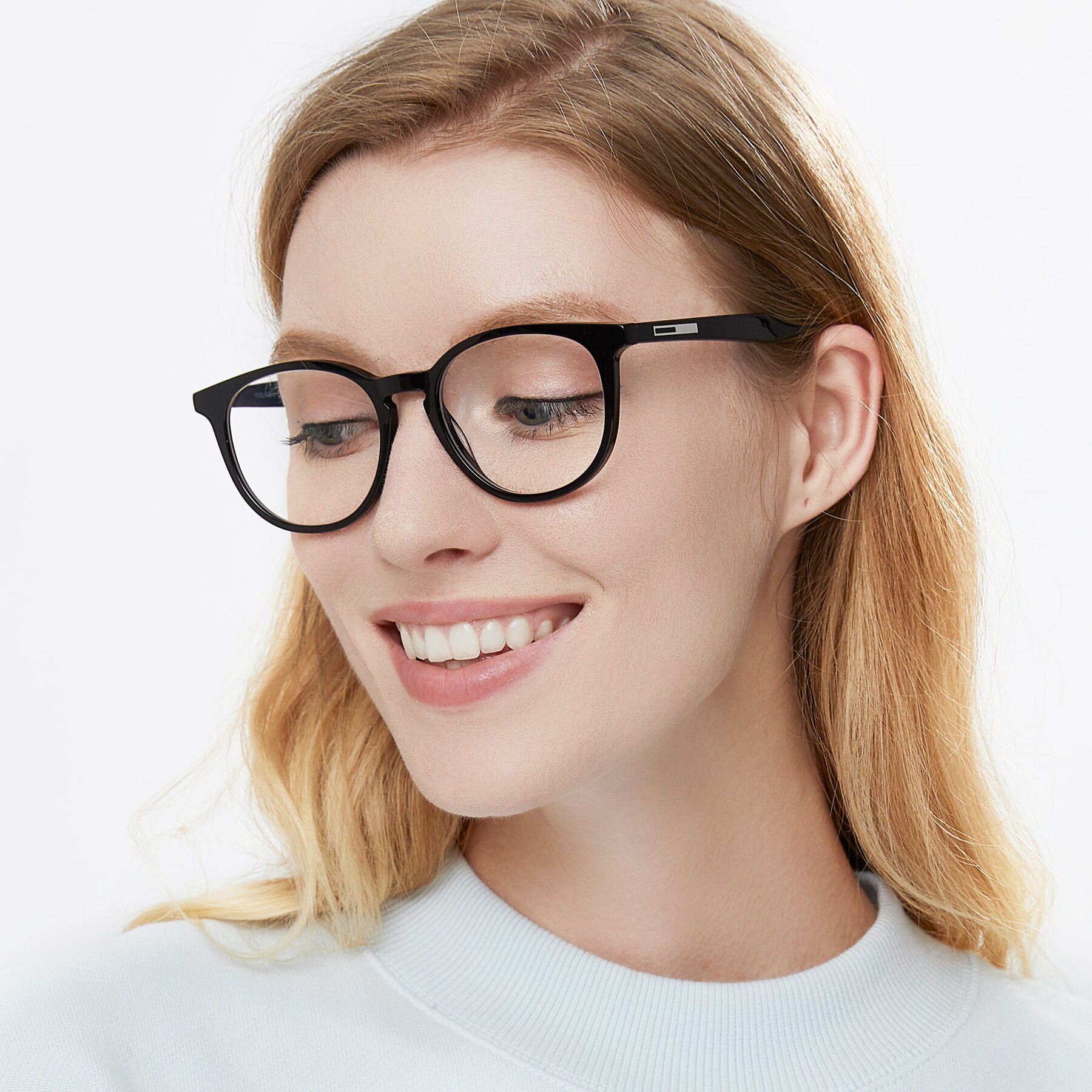 Women's lifestyle photography of 17721 in Black with Clear Blue Light Blocking Lenses