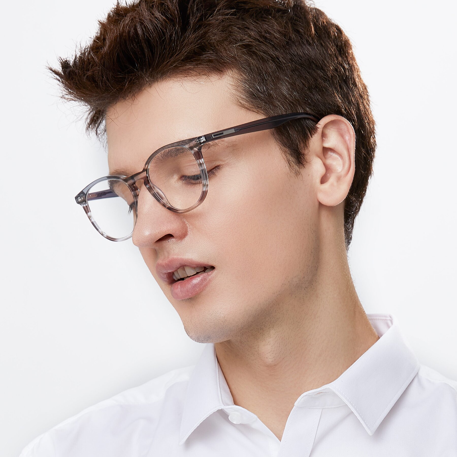 Men's lifestyle photography of 17721 in Stripe Grey with Clear Reading Eyeglass Lenses