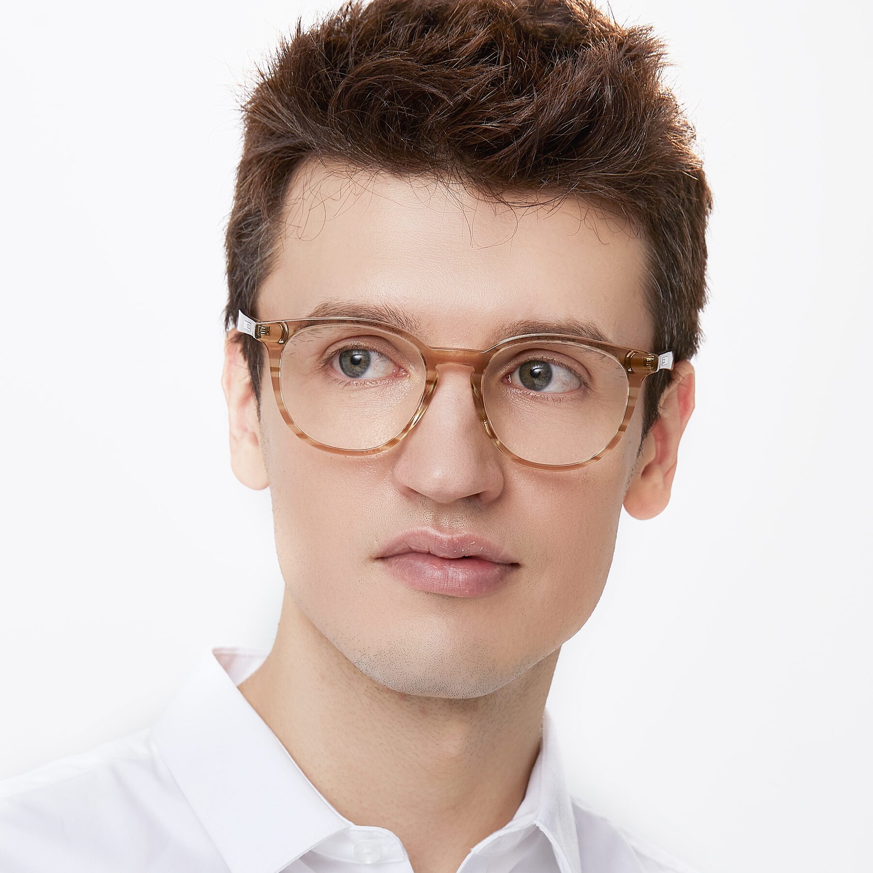 Men's lifestyle photography of 17721 in Stripe Caramel with Clear Eyeglass Lenses