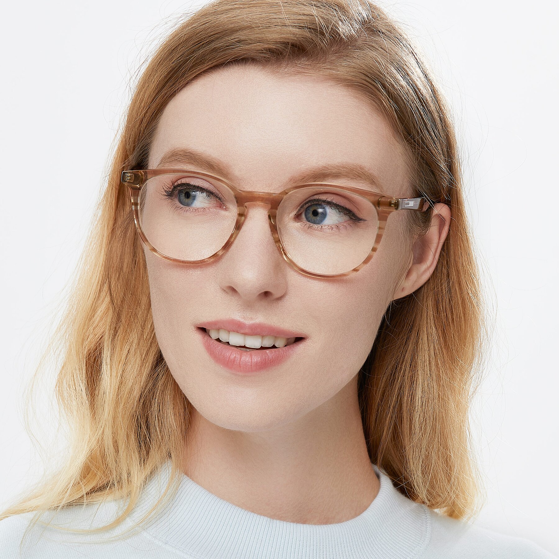 Women's lifestyle photography of 17721 in Stripe Caramel with Clear Blue Light Blocking Lenses