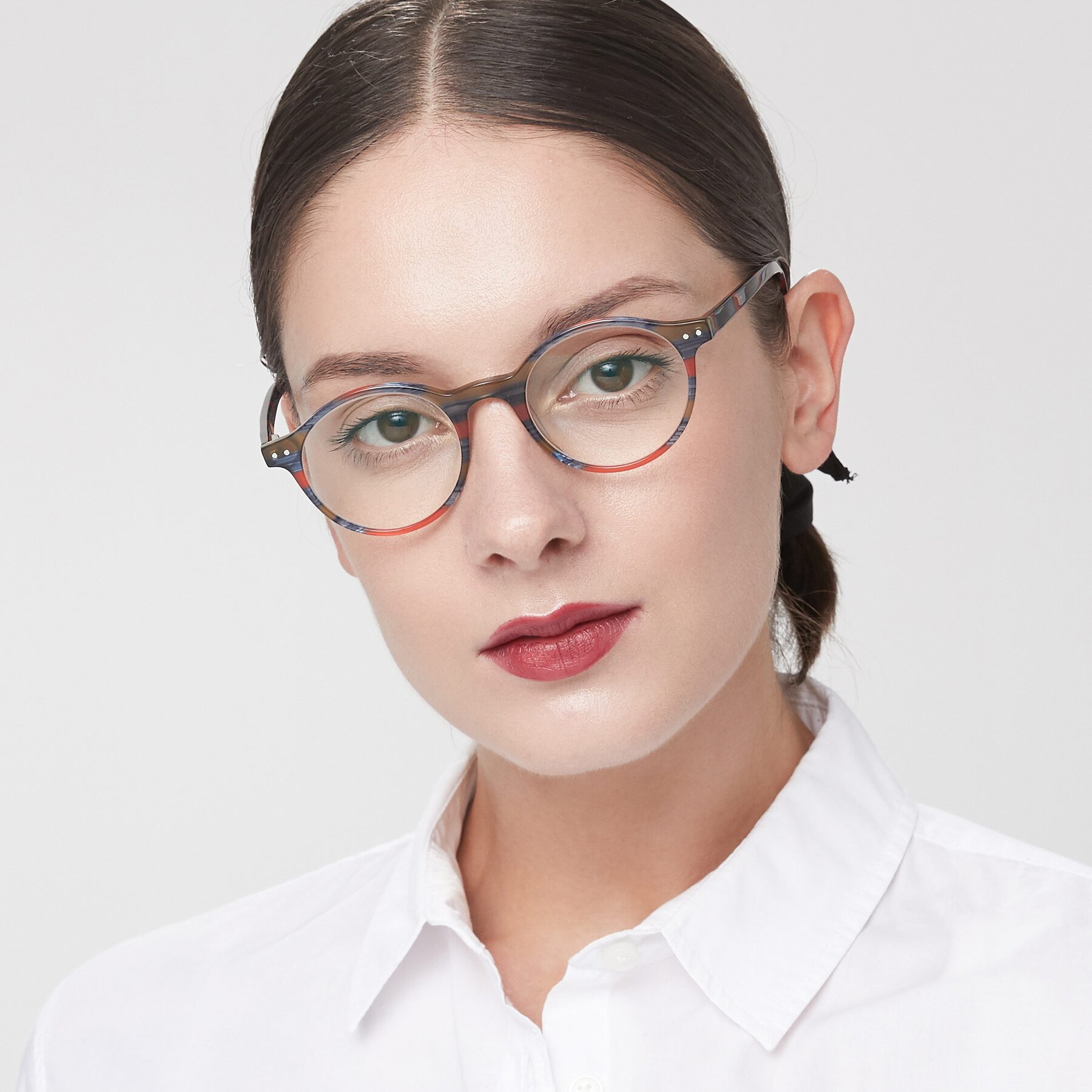 Women's lifestyle photography of 17519 in Stripe Blue Red with Clear Reading Eyeglass Lenses