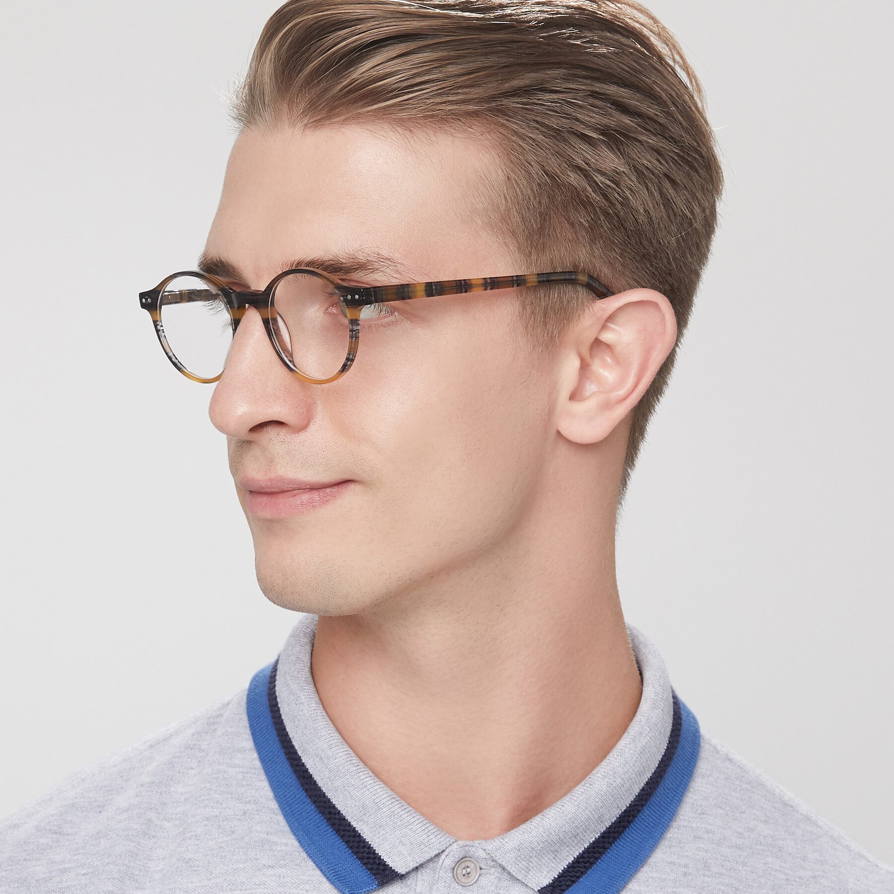 Men's lifestyle photography of 17519 in Stripe Yellow Grey with Clear Eyeglass Lenses