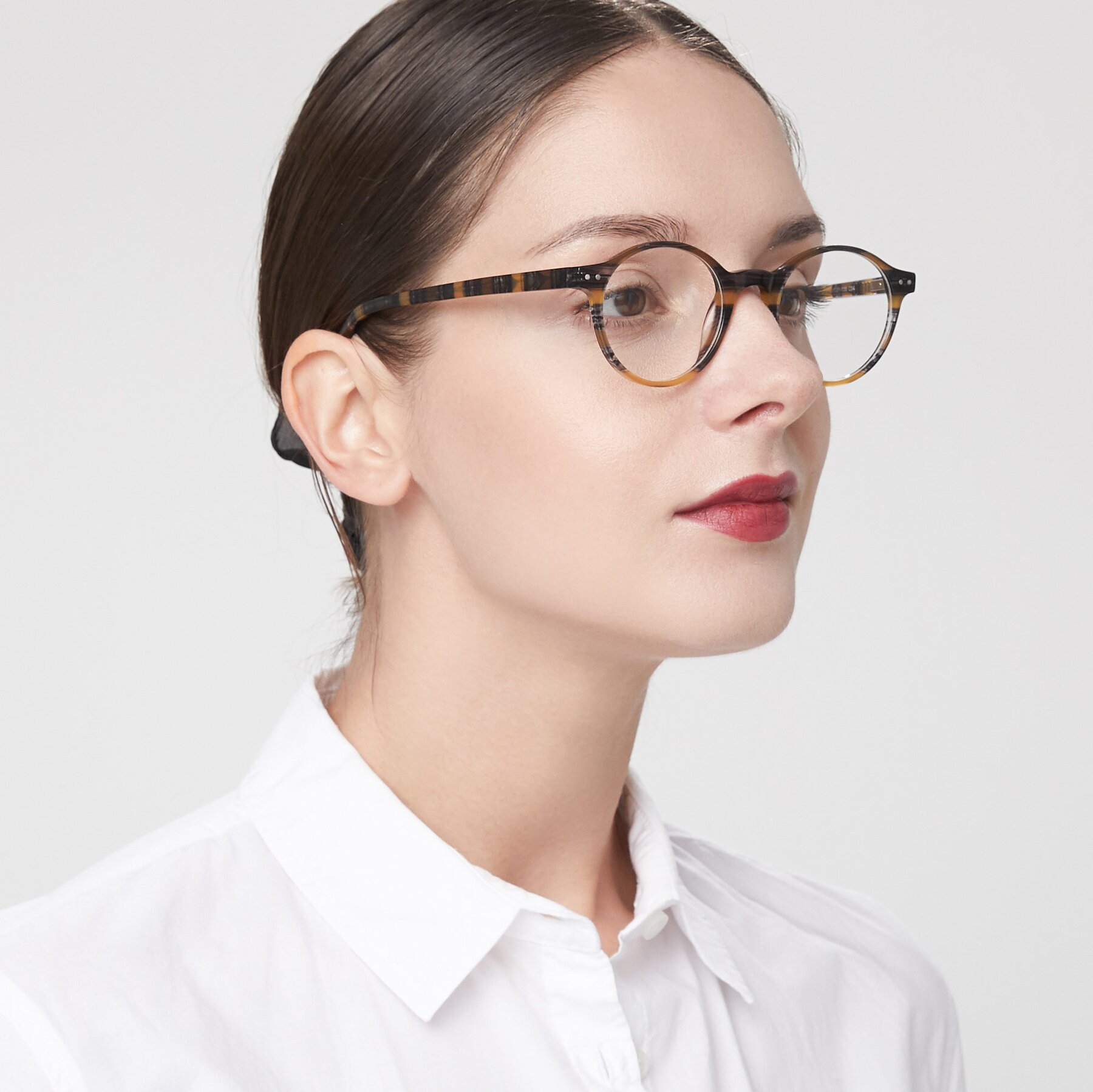 Women's lifestyle photography of 17519 in Stripe Yellow Grey with Clear Eyeglass Lenses