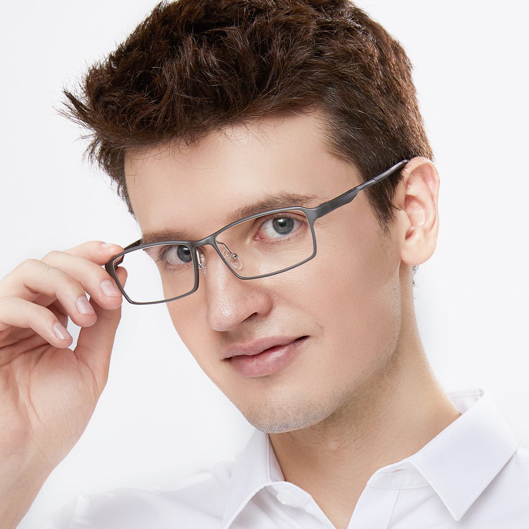 Men's lifestyle photography of CX6287 in Gunmental with Clear Blue Light Blocking Lenses