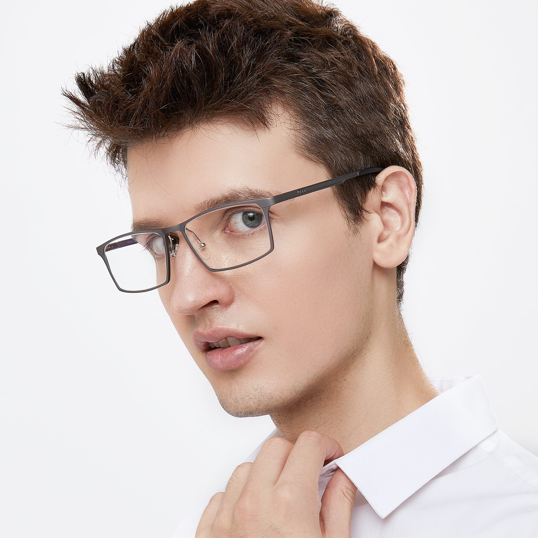 Men's lifestyle photography of CX6341 in Gunmental with Clear Eyeglass Lenses