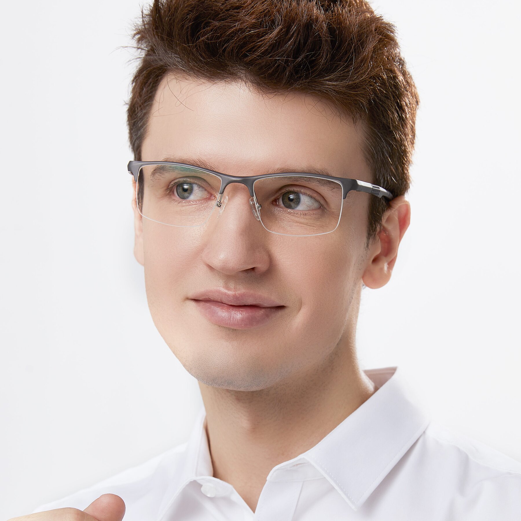 Men's lifestyle photography of XL9021 in Gunmental with Clear Eyeglass Lenses