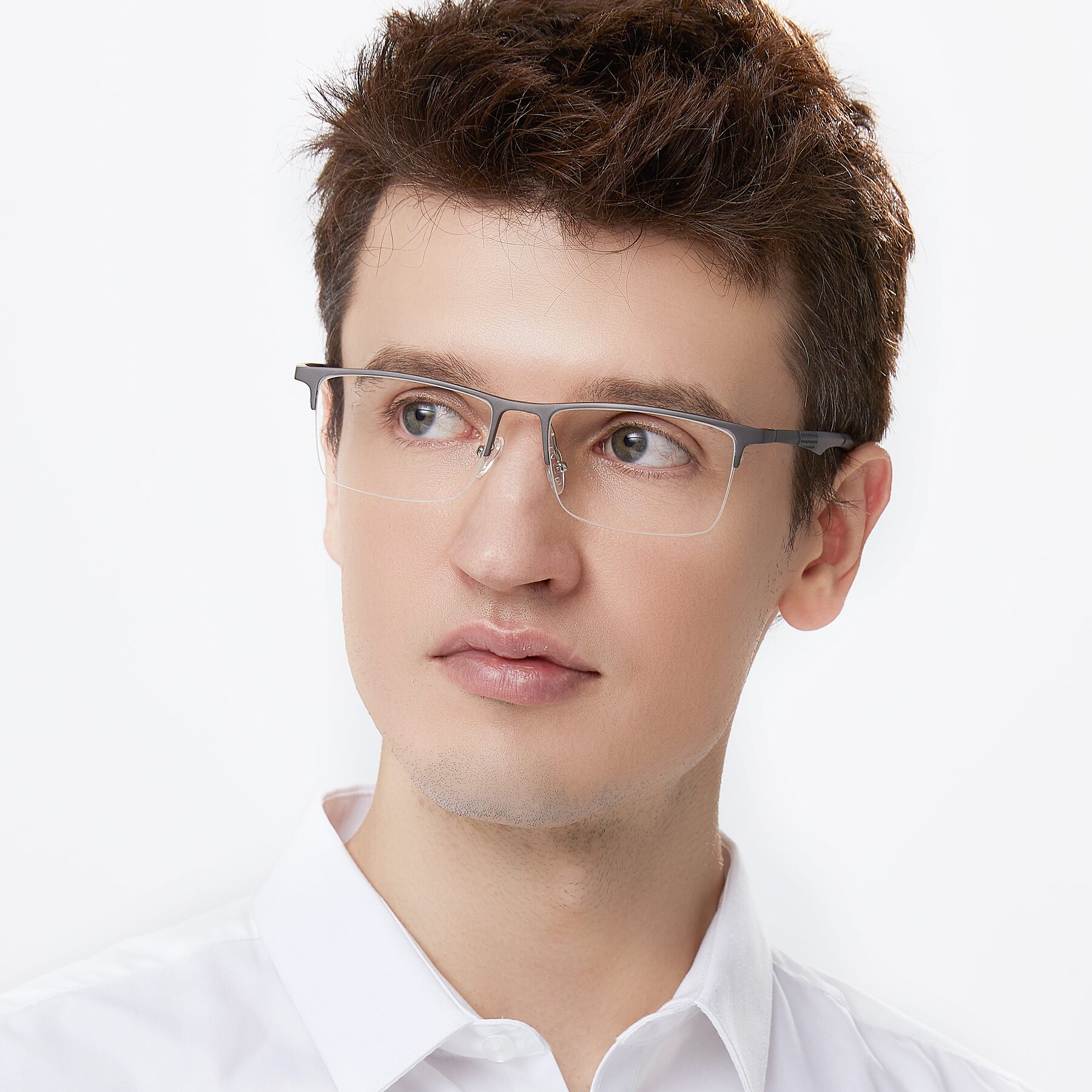 Men's lifestyle photography of XL9020 in Gunmental with Clear Eyeglass Lenses