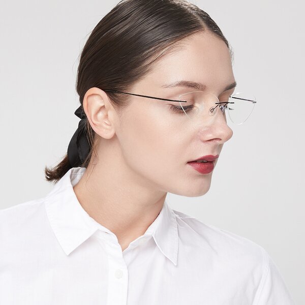 Black Geek-Chic Cat-Eye Rimless Eyeglasses - Pat