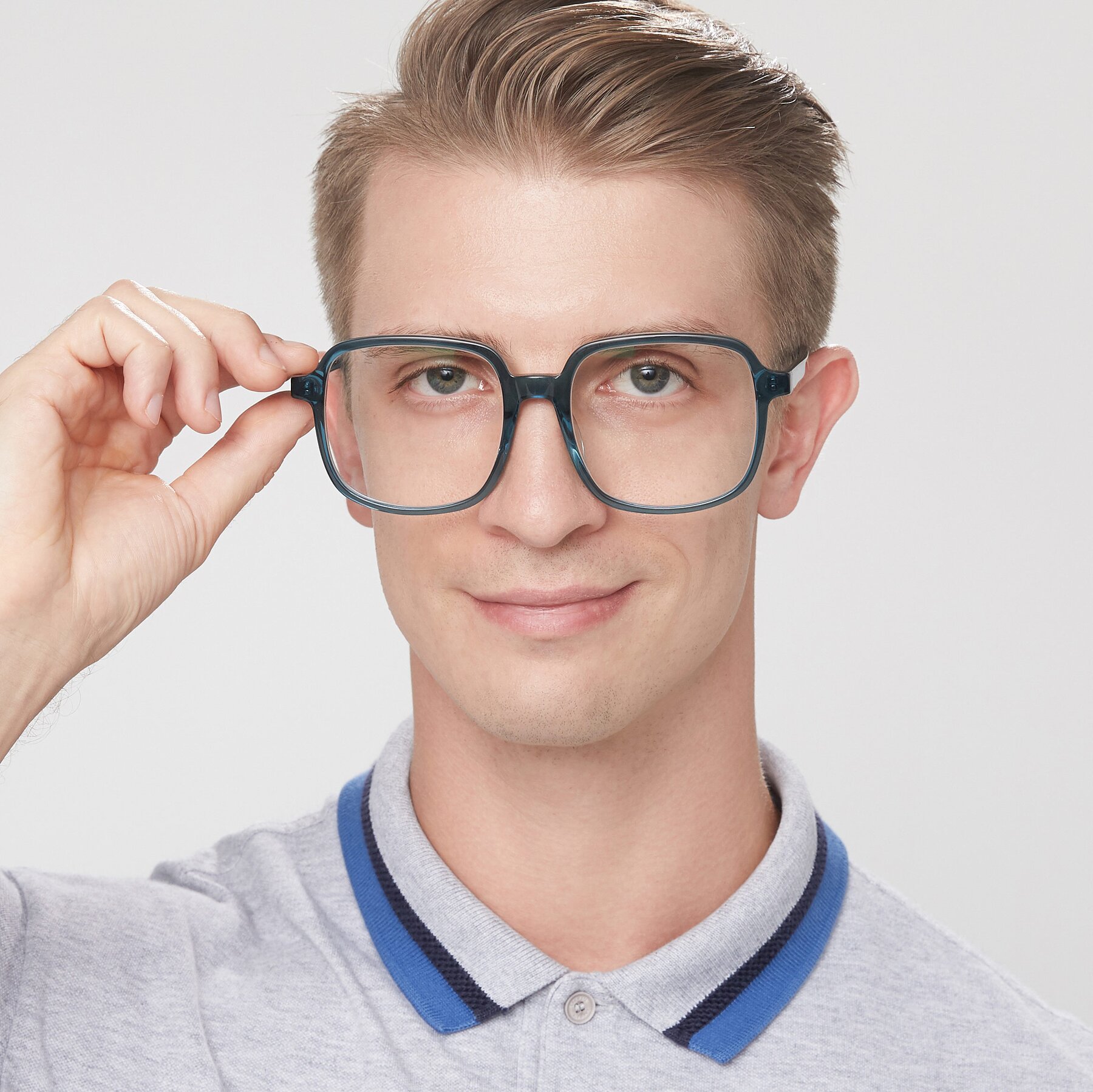 Men's lifestyle photography of Water in Transparent Cyan with Clear Reading Eyeglass Lenses