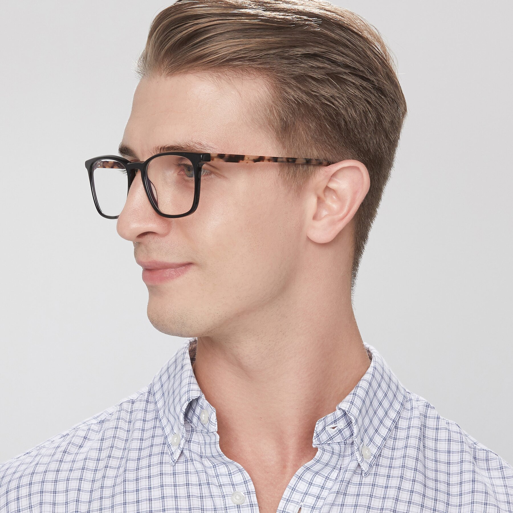 Men's lifestyle photography of Vigor in Black-Tortoise with Clear Eyeglass Lenses