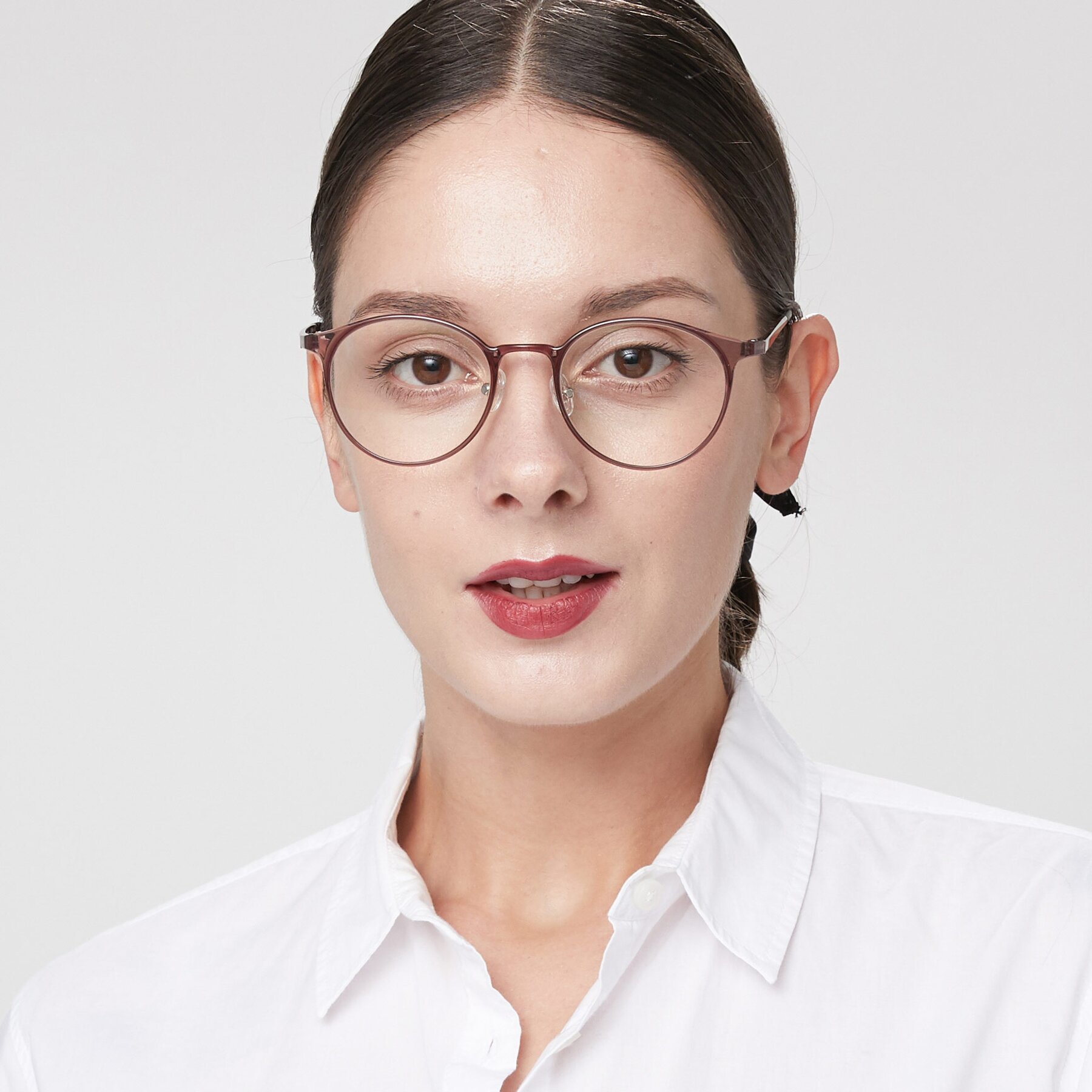 Women's lifestyle photography of S7027 in Transparent Brown with Clear Reading Eyeglass Lenses