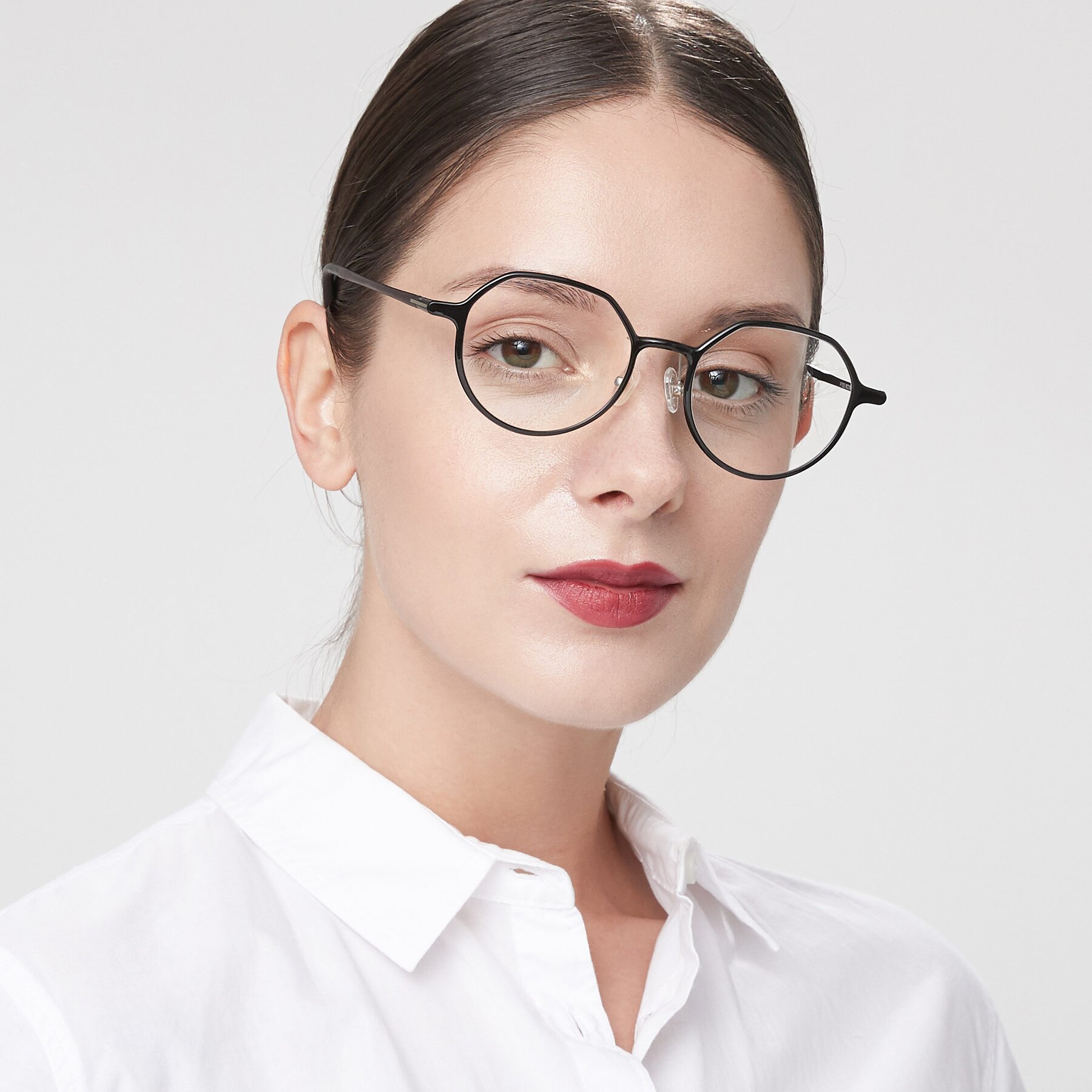 Women's lifestyle photography of IP7033 in Black with Clear Reading Eyeglass Lenses