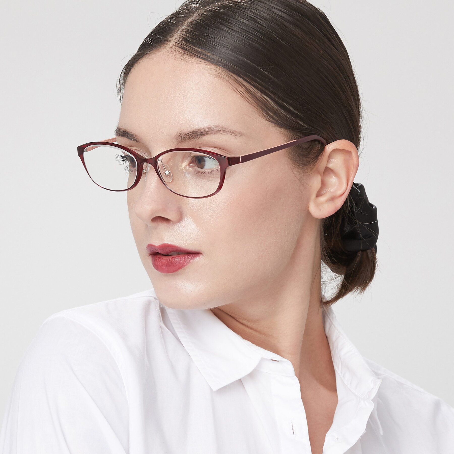 Women's lifestyle photography of S7040 in Wine with Clear Reading Eyeglass Lenses