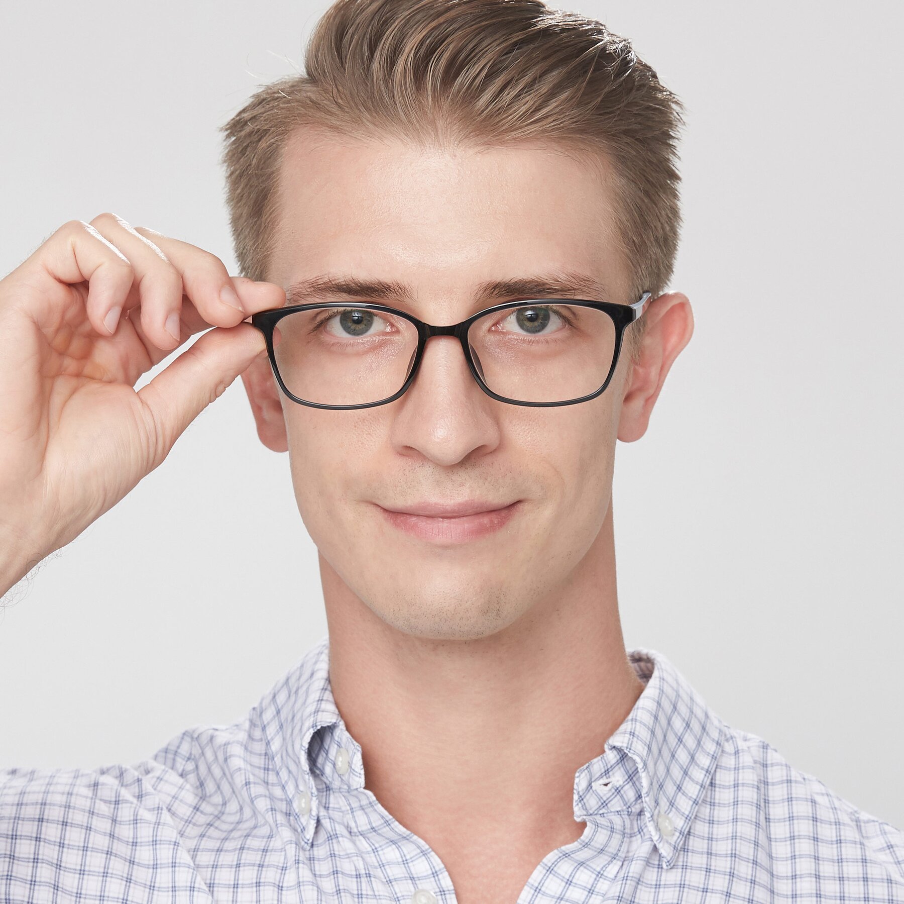 Men's lifestyle photography of S7036 in Black-Blue with Clear Eyeglass Lenses
