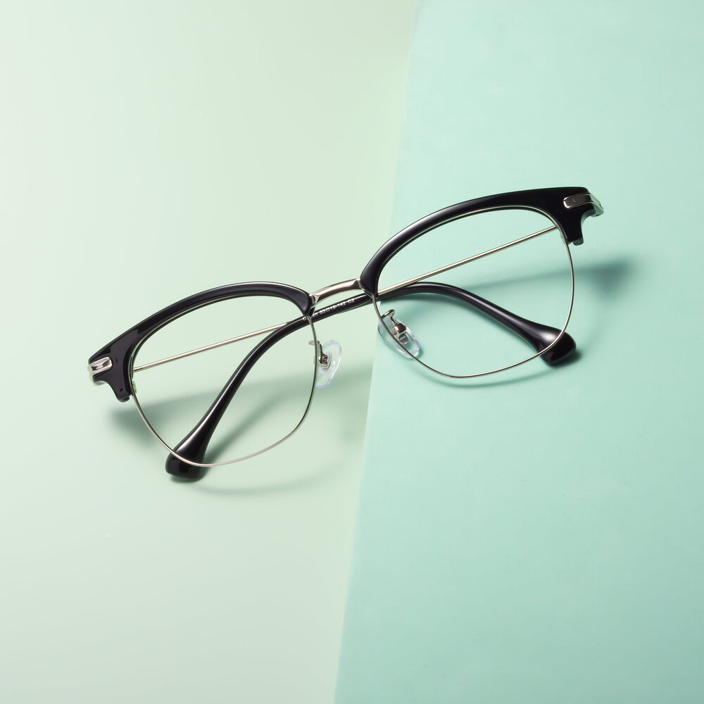 Black / Sliver Browline Retro-Vintage Lightweight Eyeglasses - Obrien